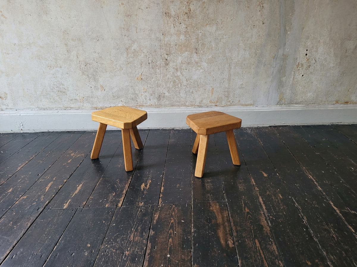 Pair of mid century brutalist oak tripod side tables/stools - €295.00