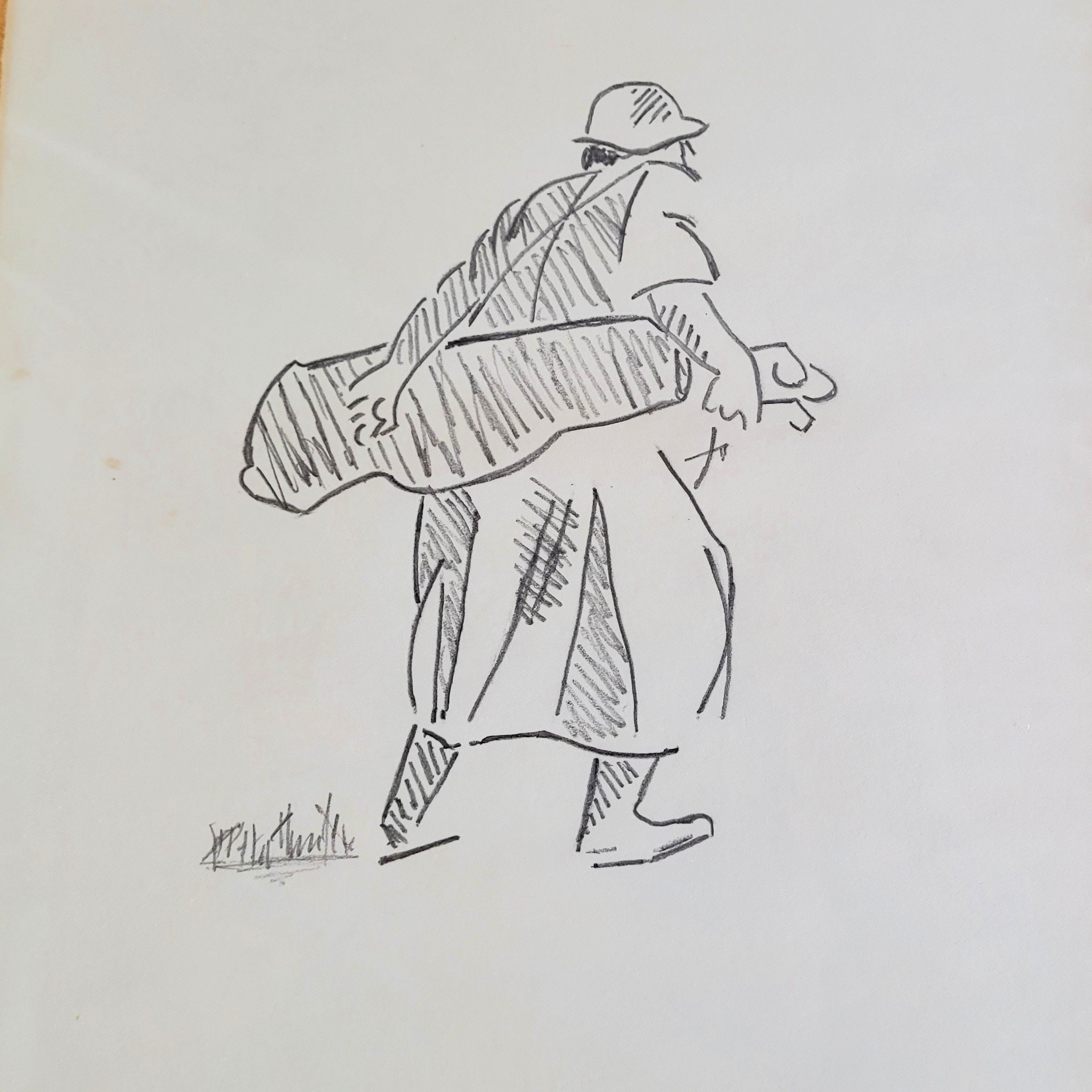 two minimalist vintage framed pencil sketches on paper depicting golf scenes.