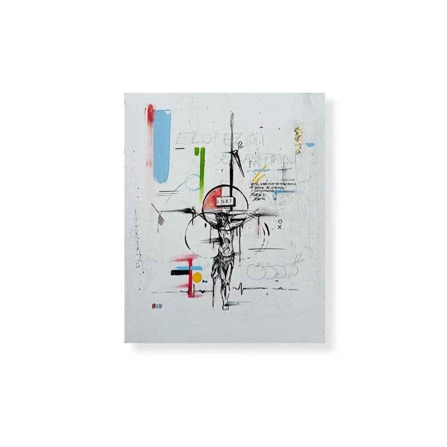 MINIMAL CRUCIFIX - mixed media on 16x20 canvas