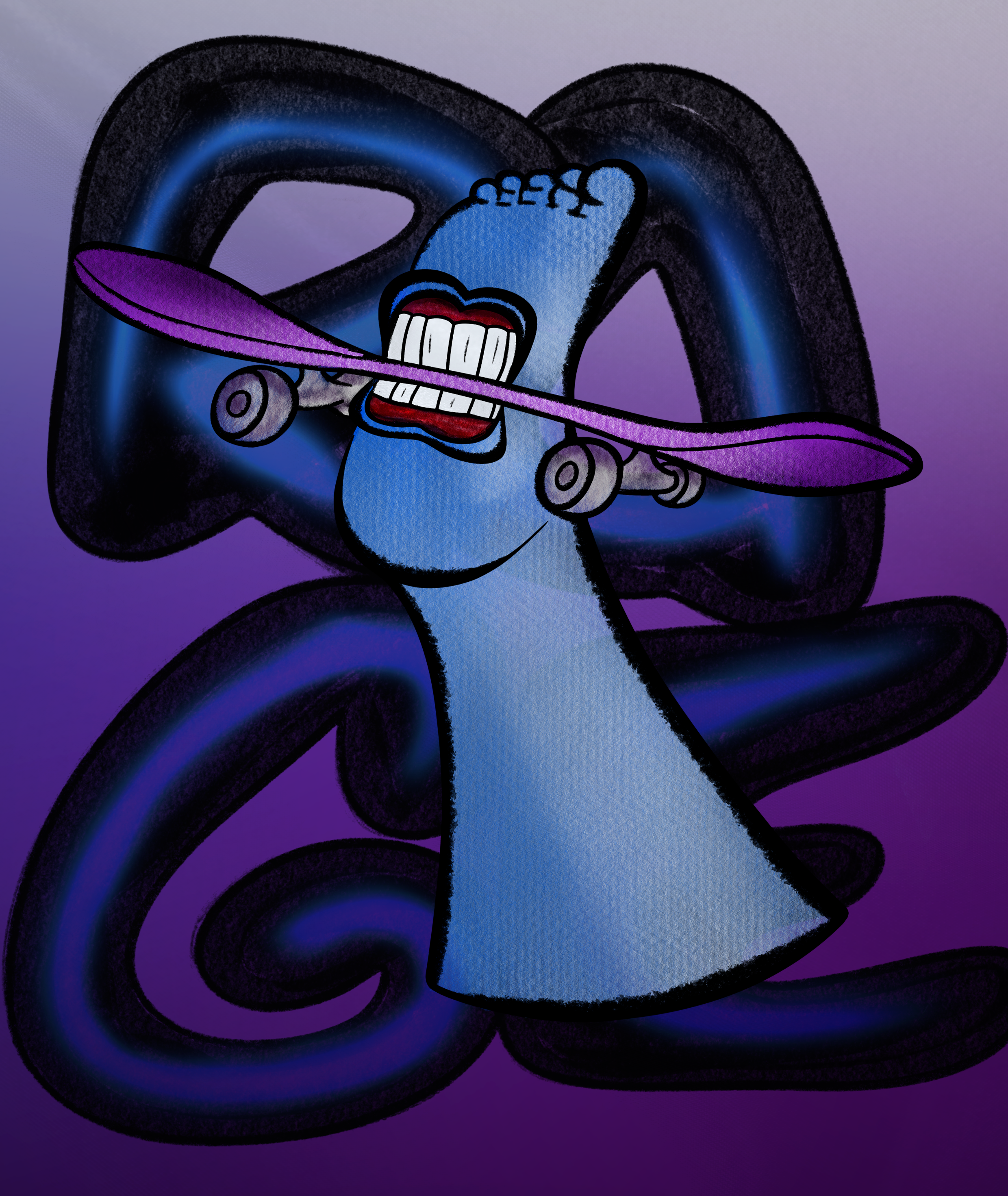 Illustration d'un skateboard avec une tête humaine stylisée qui a une bouche ouverte, sur un fond violet.