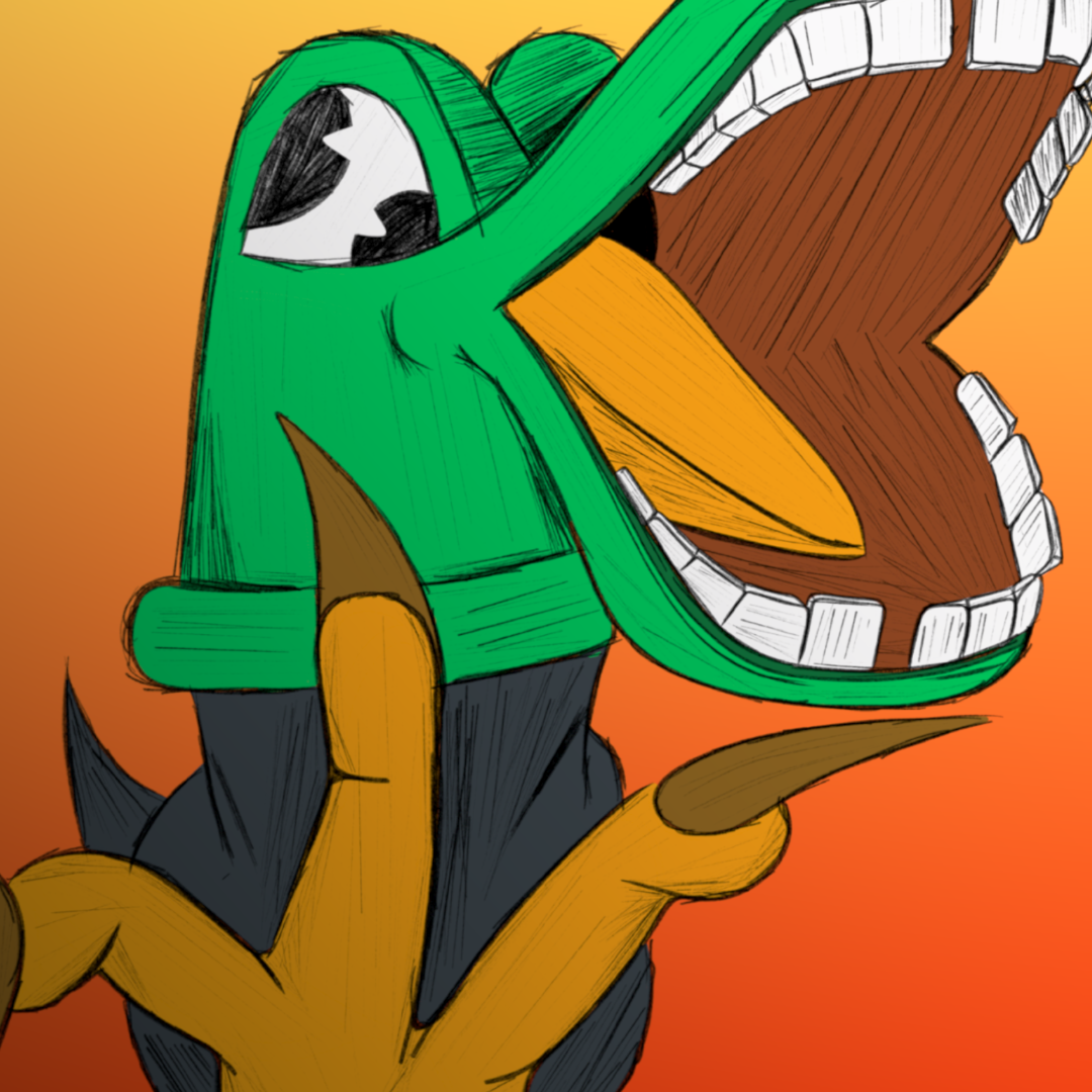 Une illustration d'un dinosaur vert avec une grande bouche ouverte et des dents blanches, tenant un doigt pointé vers le haut, avec un dégradé de fond orange.