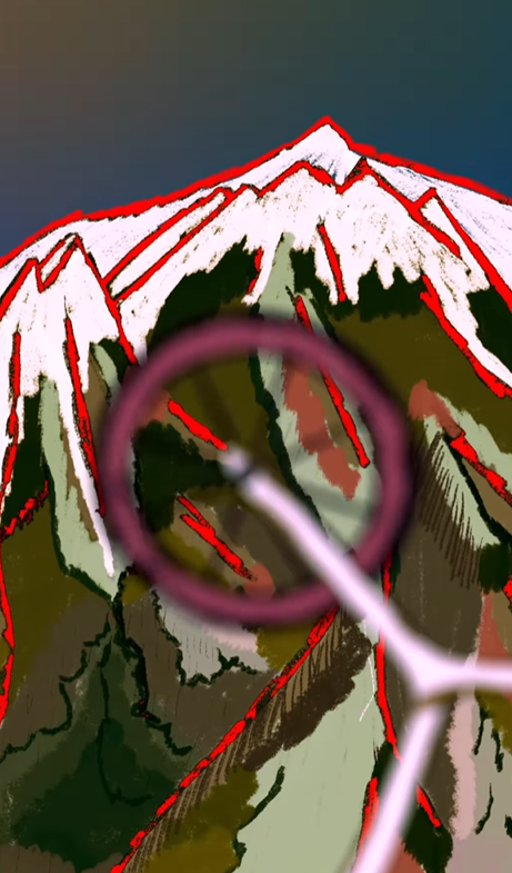 Une illustration stylisée d'une montagne enneigée vue à travers une loupe, avec un ciel sombre en arrière-plan.