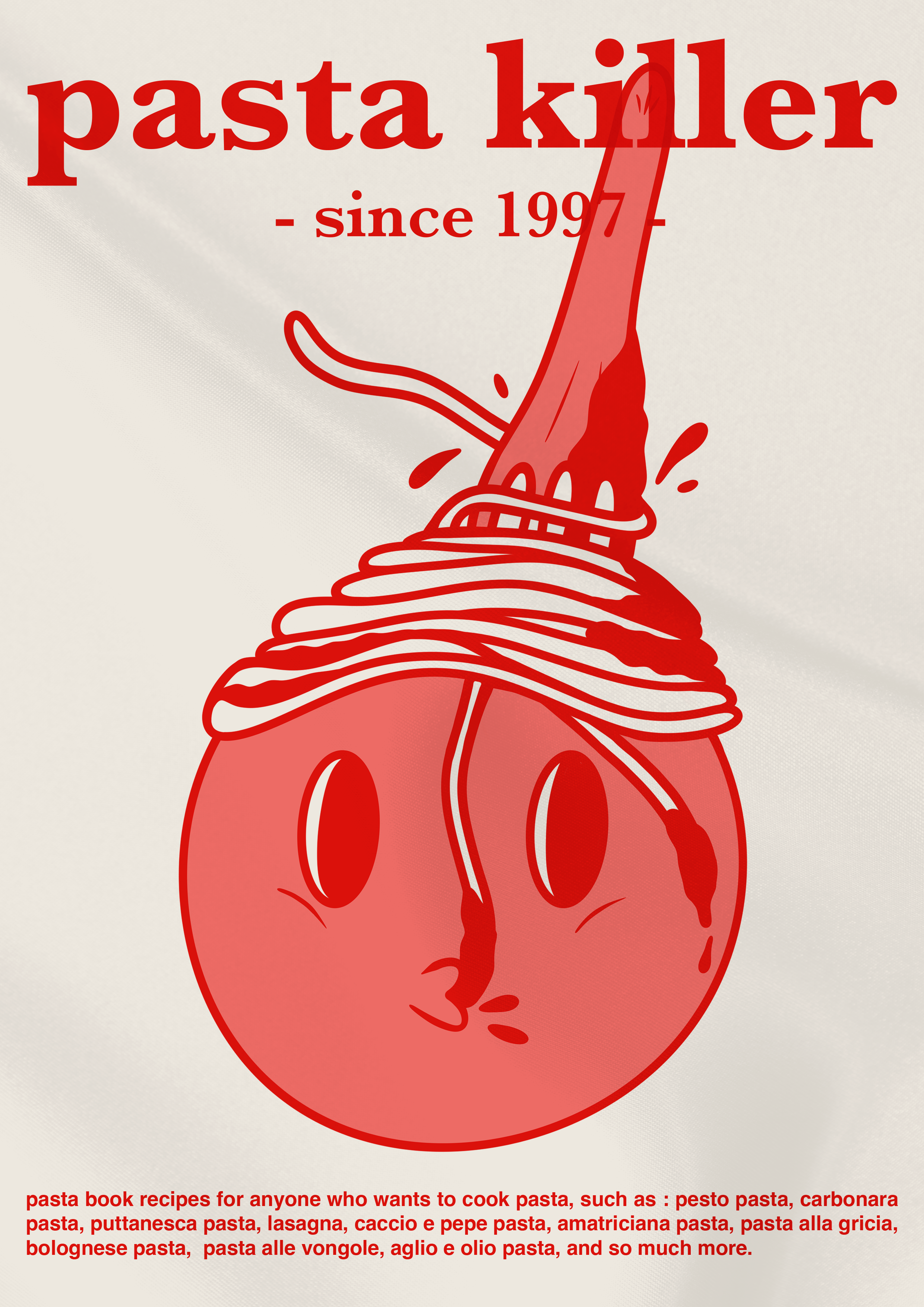 Une illustration humoristique d'une tomate avec des spaghettis sur la tête.