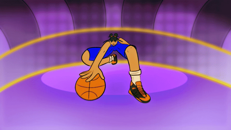 Une cartoon de garçon jouant au basketball sur un terrain coloré avec un fond violet