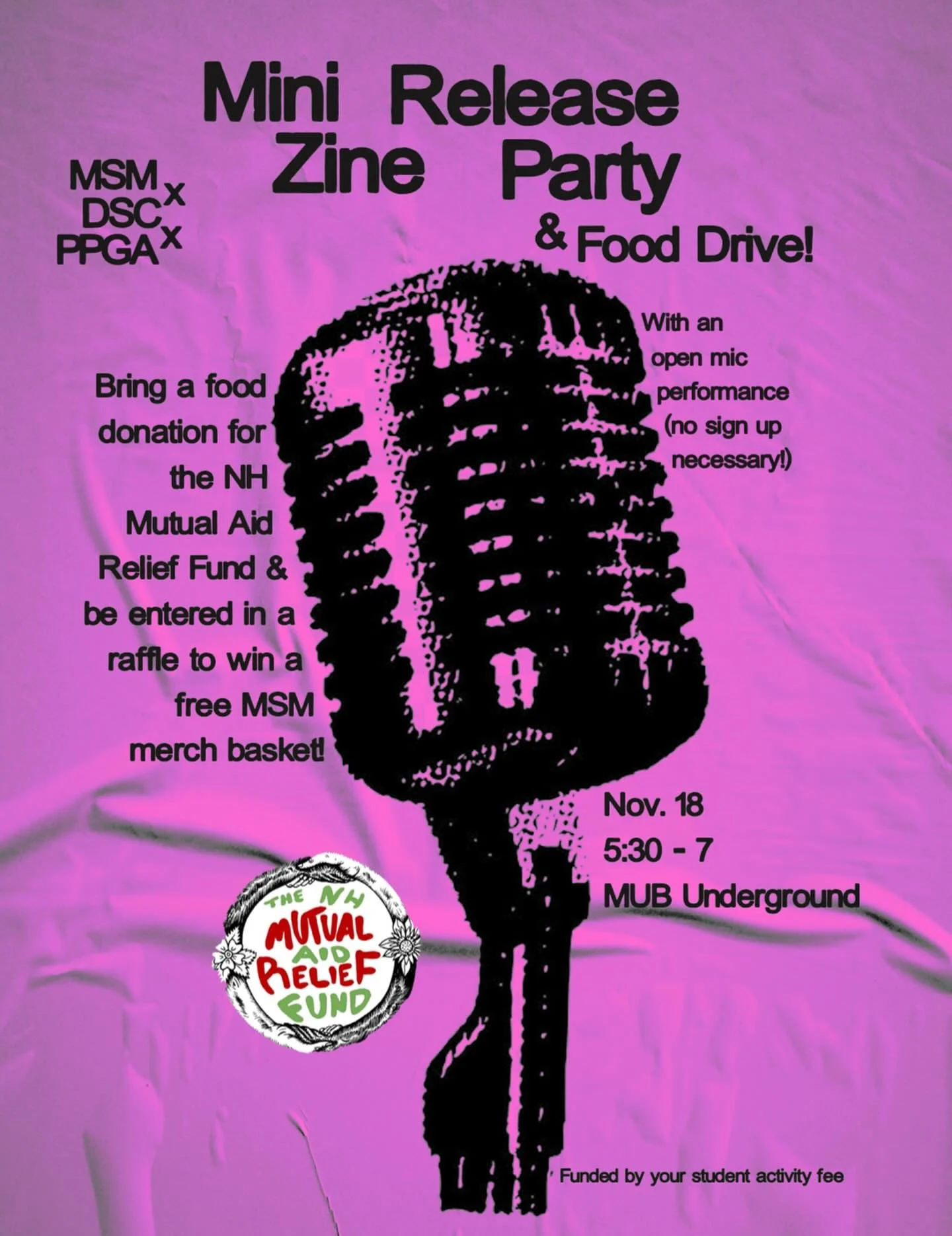 Come celebrate the release of our mini zine next Tuesday in the underground! Along with picking up a copy of the zine, we&rsquo;ll also be holding an open mic, so come with poems and music to share! We will also be hosting a food drive with donations