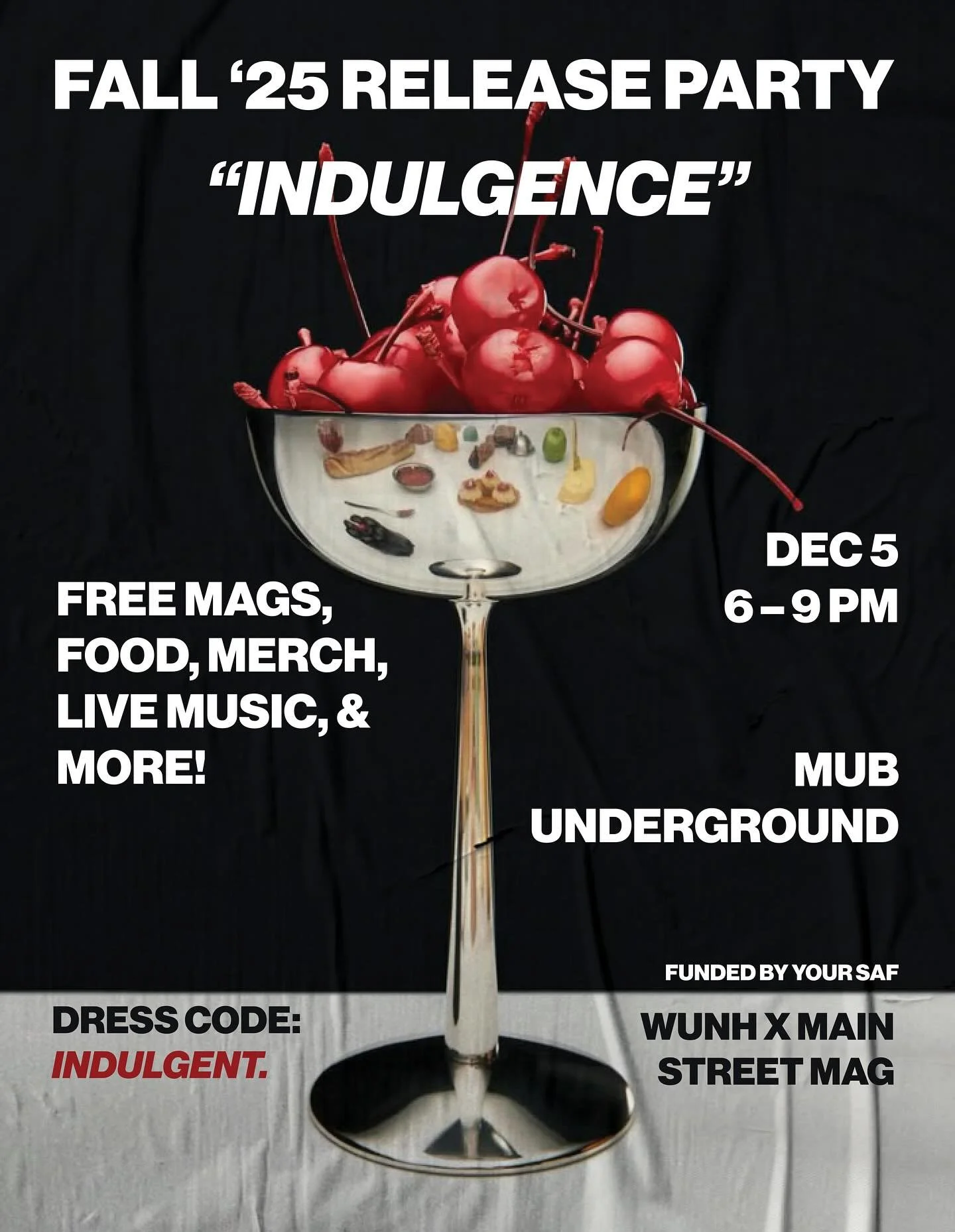 MARK YOUR CALENDARS: The Fall &lsquo;25 release party is set for Friday, December 5th&nbsp;in the MUB underground!!! Along with copies of the mag, we&rsquo;ll have tshirts, stickers, buttons, and tote bags available for everyone. Dress up (if you wan