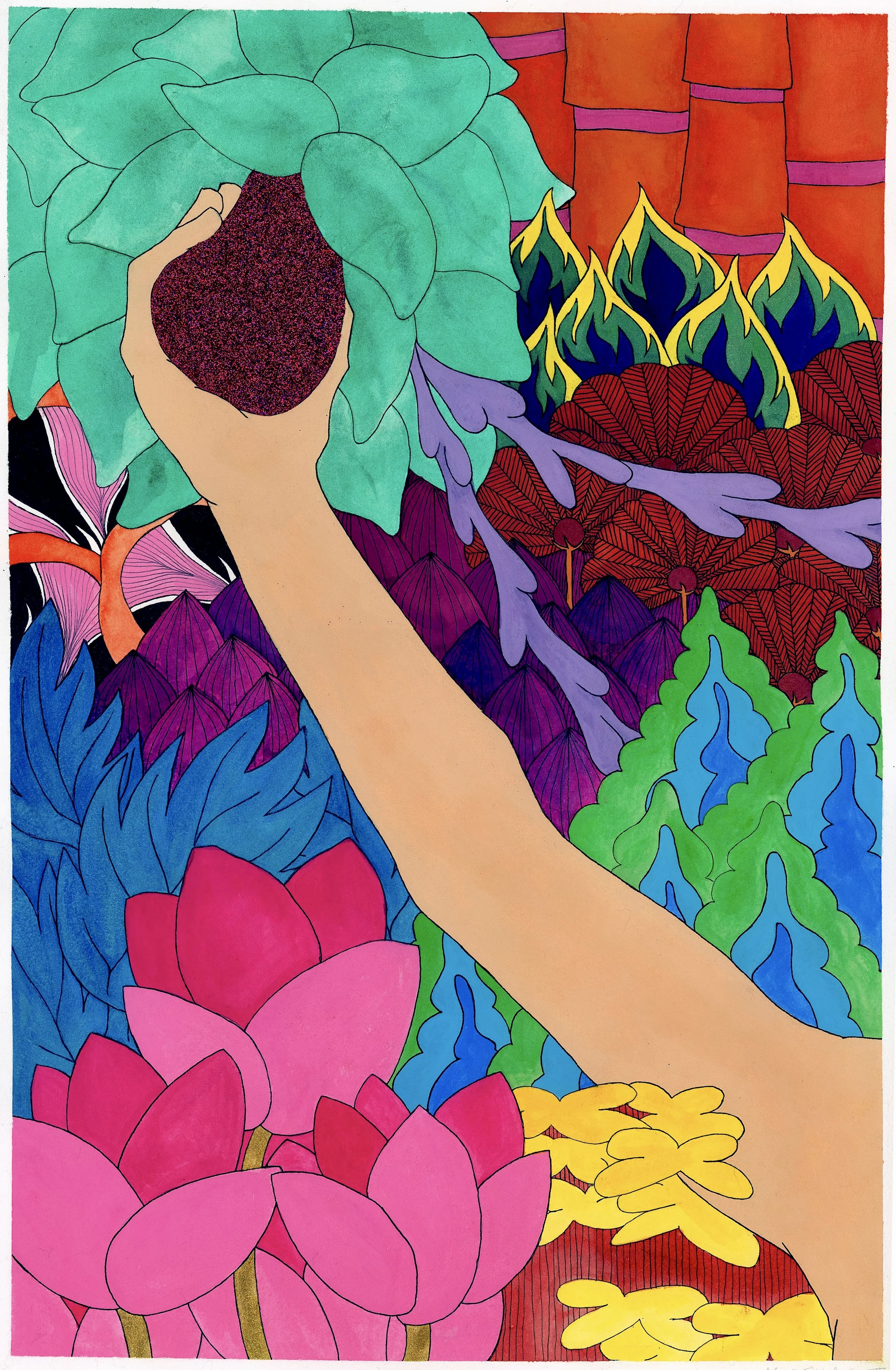 Eve Picked The Fruit (Utopia Drawing), Pen, Watercolor, Gouache, And Glitter on Paper, 12x19", 2025