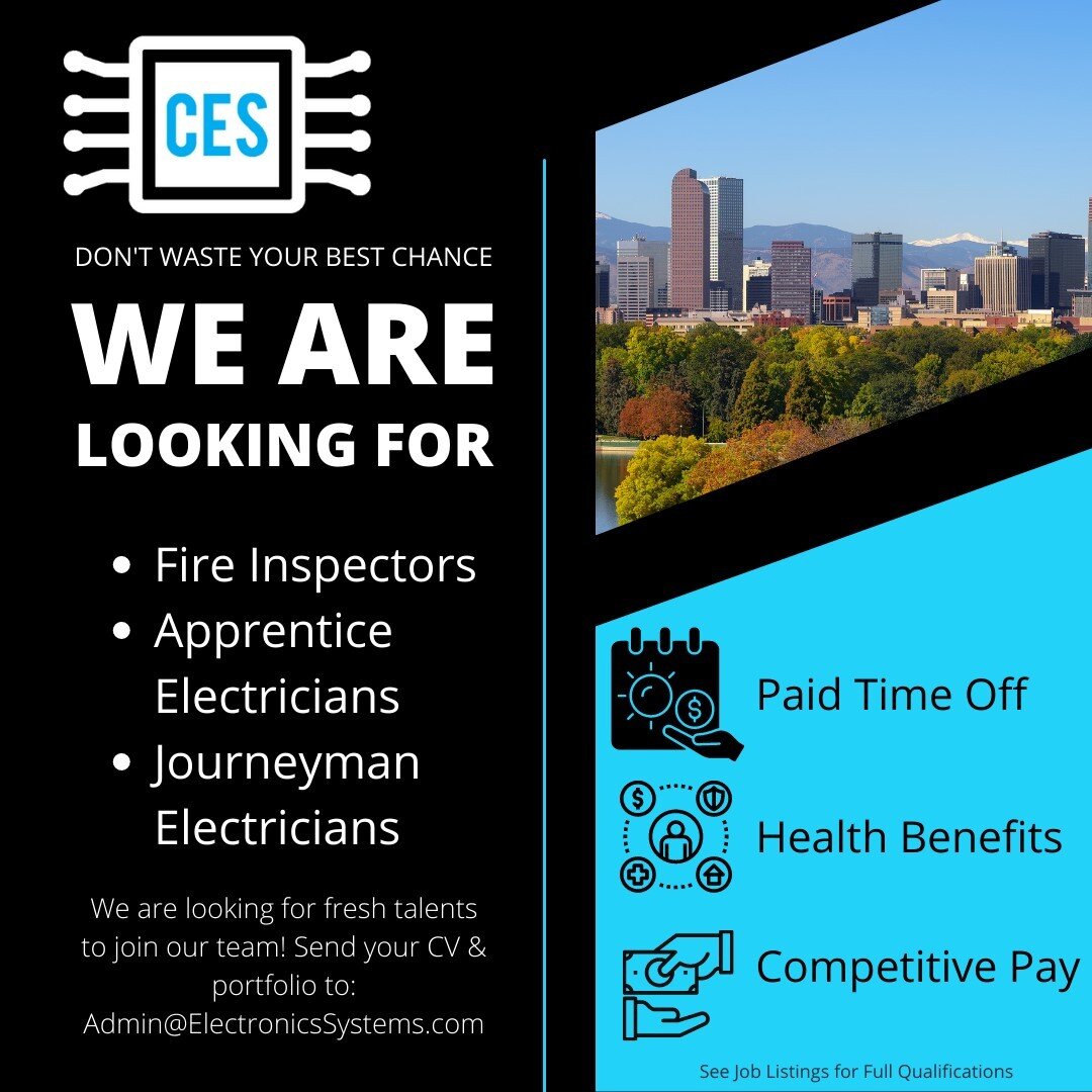 Looking to spark your career in the electrical industry? 🔌💡 Commercial Electronics Systems is hiring apprentice electricians, journeymen electricians, and fire inspectors! 🔥 #electricalindustry #apprenticeelectrician #journeymanelectrician #firein