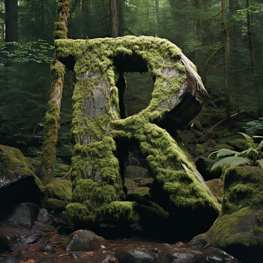 Moss-covered wooden log or tree stump in a dense forest with rocks and green foliage.
