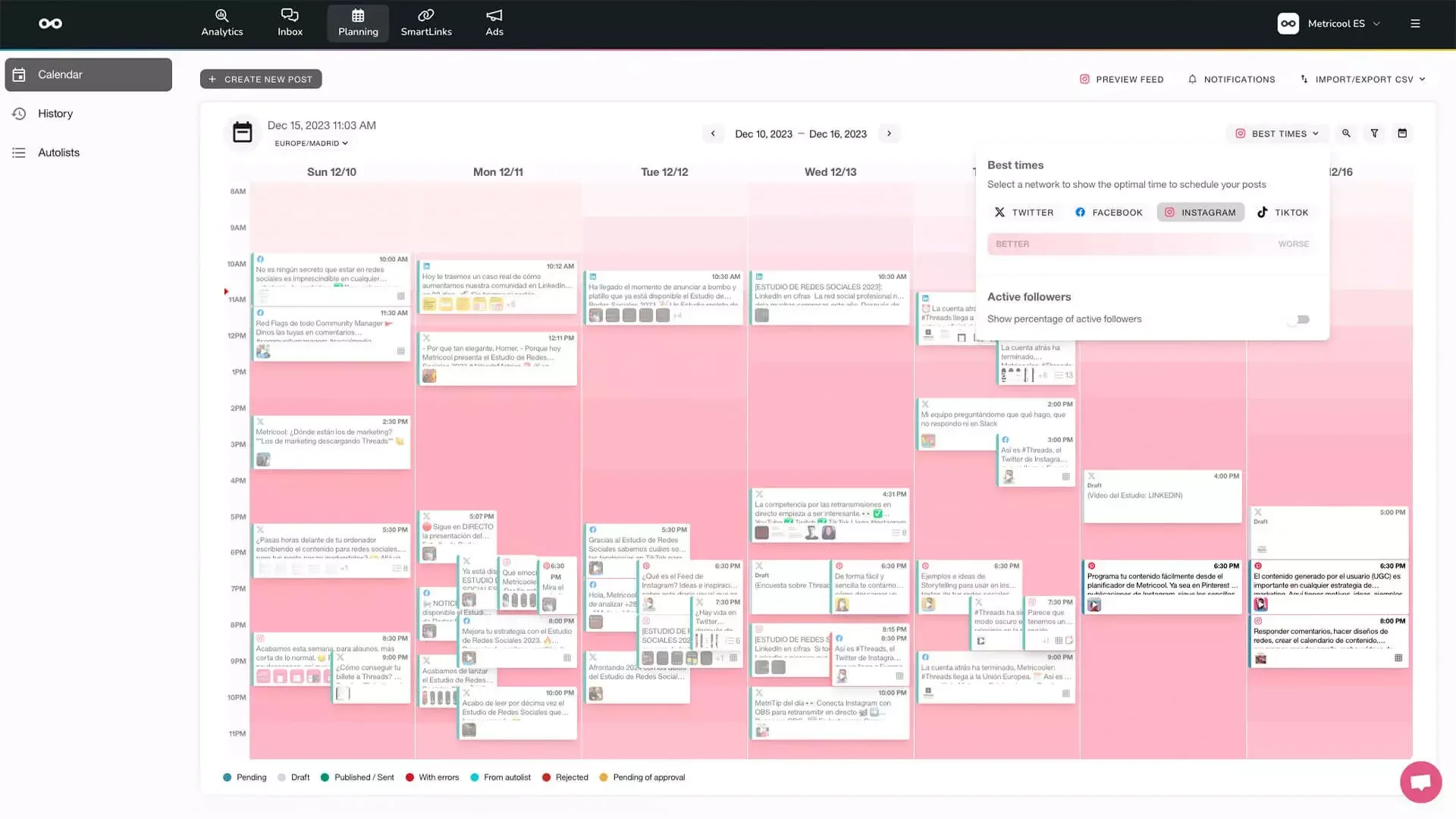 Social media planning calendar displayed on a screen, showing scheduled posts from December 10 to December 16, 2023, with various content and time slots.