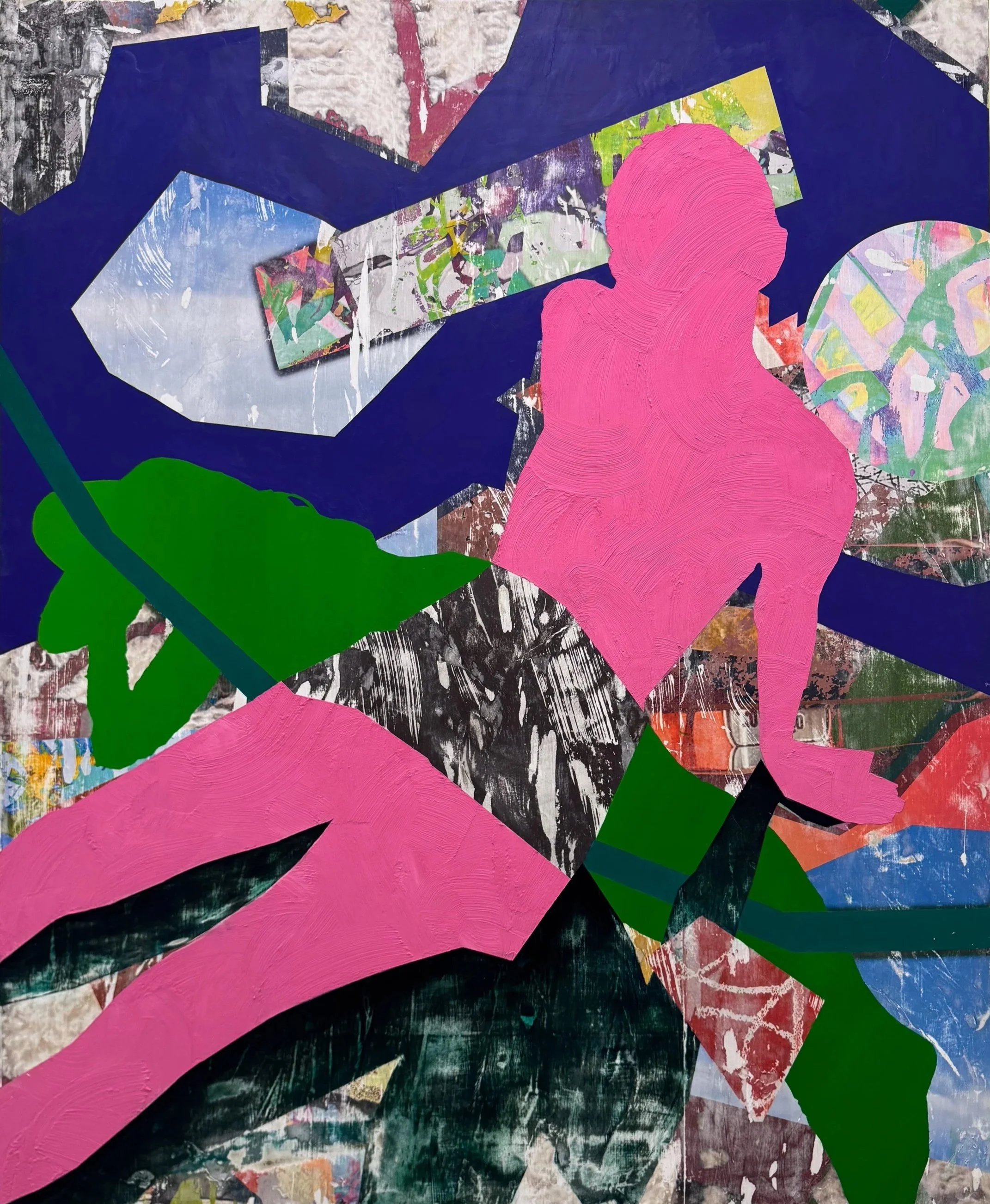 I’ll Just Rest Here, 45” x 55”, Laser Toner Image Transfer and Acrylic Paint on Wood Panel, 2024
