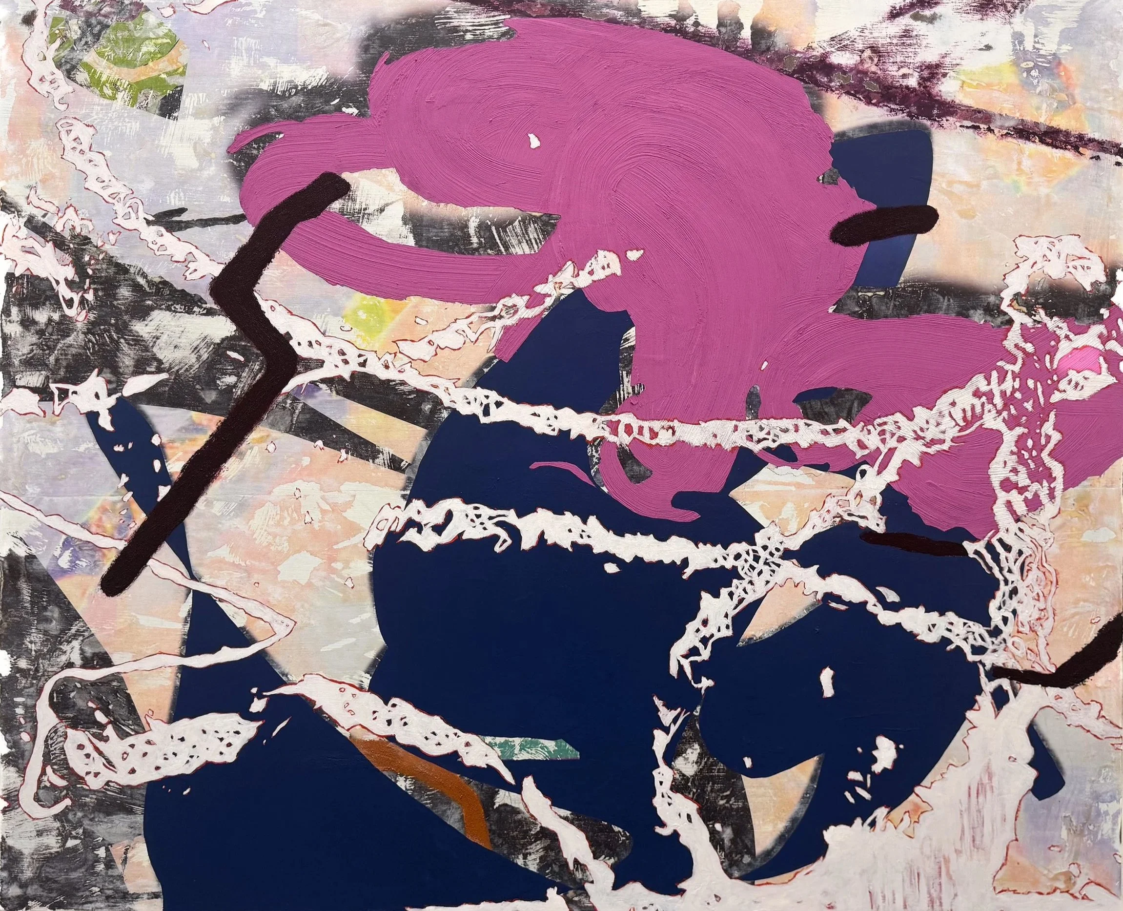 Untitled, 55” x 45”, Laser Toner Image Transfer and Acrylic Paint on Wood Panel, 2024
