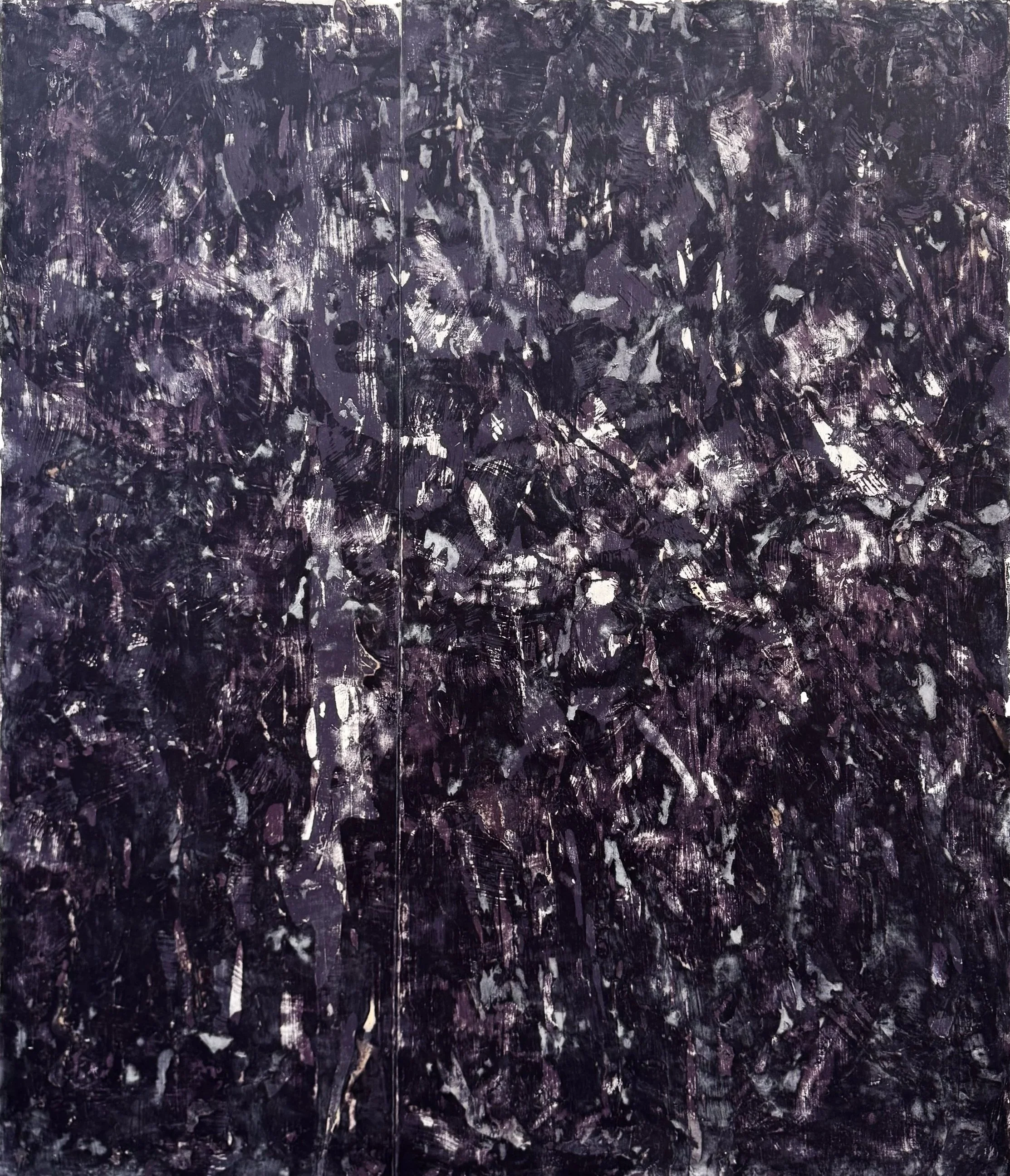The Seam,  47” x 57”, Multiple Laser Toner Image Transfer and Acrylic Paint on Wood Panel, 2024
