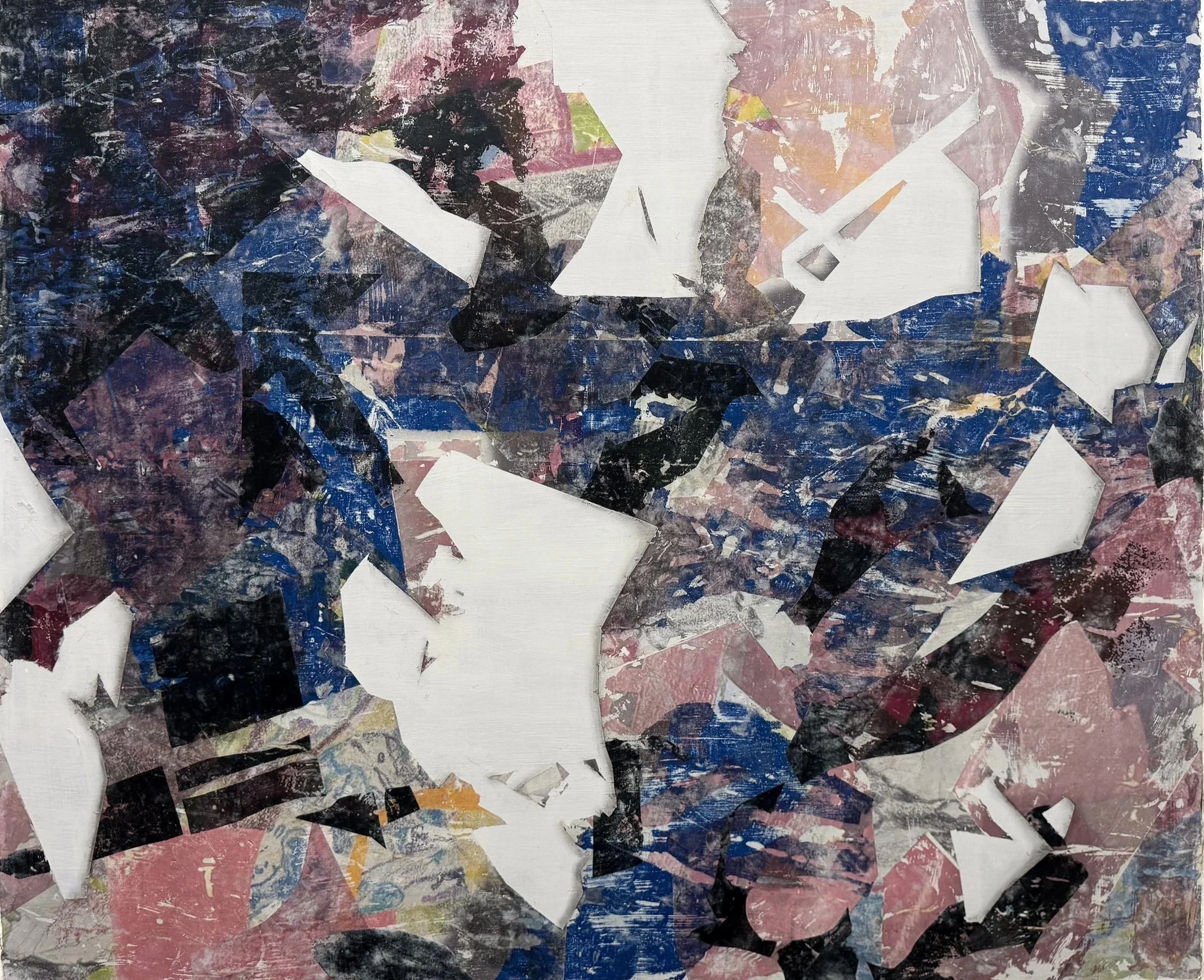 Float, 57" x 47", Multiple Laser Toner Image Transfers and Charcoal on Wood Panel, 2025