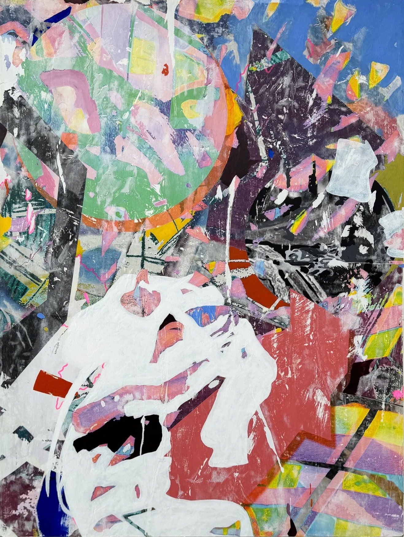 In and Out, 36” x 47.5”, Laser Toner Image Transfer, Wax Pastel, Colored Pencil, and Acrylic Paint on Wood, 2024
