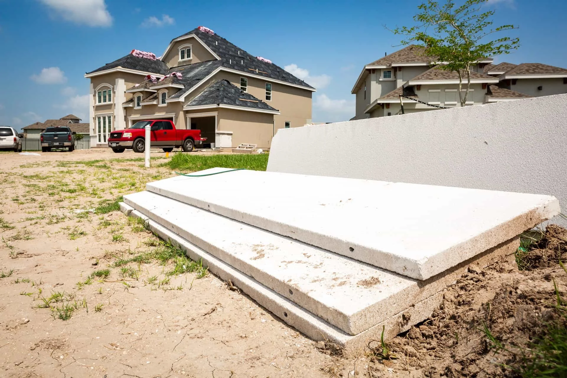 Concrete steps and wall in front of an under-construction house with multiple parked cars in the driveway.