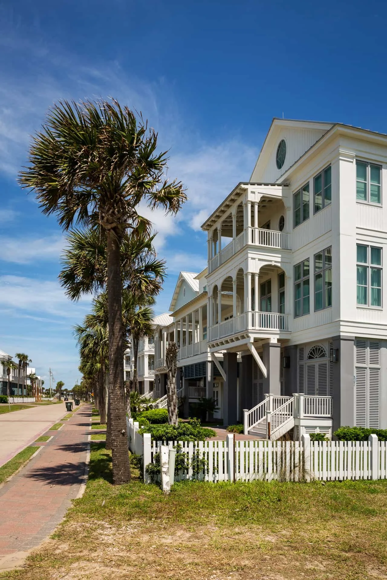 A row of white beach houses with large windows and balconies along a sidewalk, with palm trees and a blue sky in a coastal town.