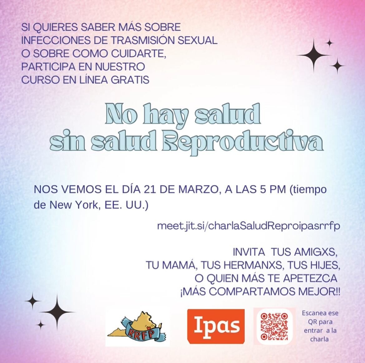 No hay salud sin salud Reproductiva 

Si quieres saber m&aacute;s sobre infecciones de transmisi&oacute;n sexual o sobre como cuidarte, participa en nuestro curso en l&iacute;nea y gratis!

NOS VEMOS EL D&Iacute;A 21 DE MARZO, A LAS 5 PM (tiempo de N