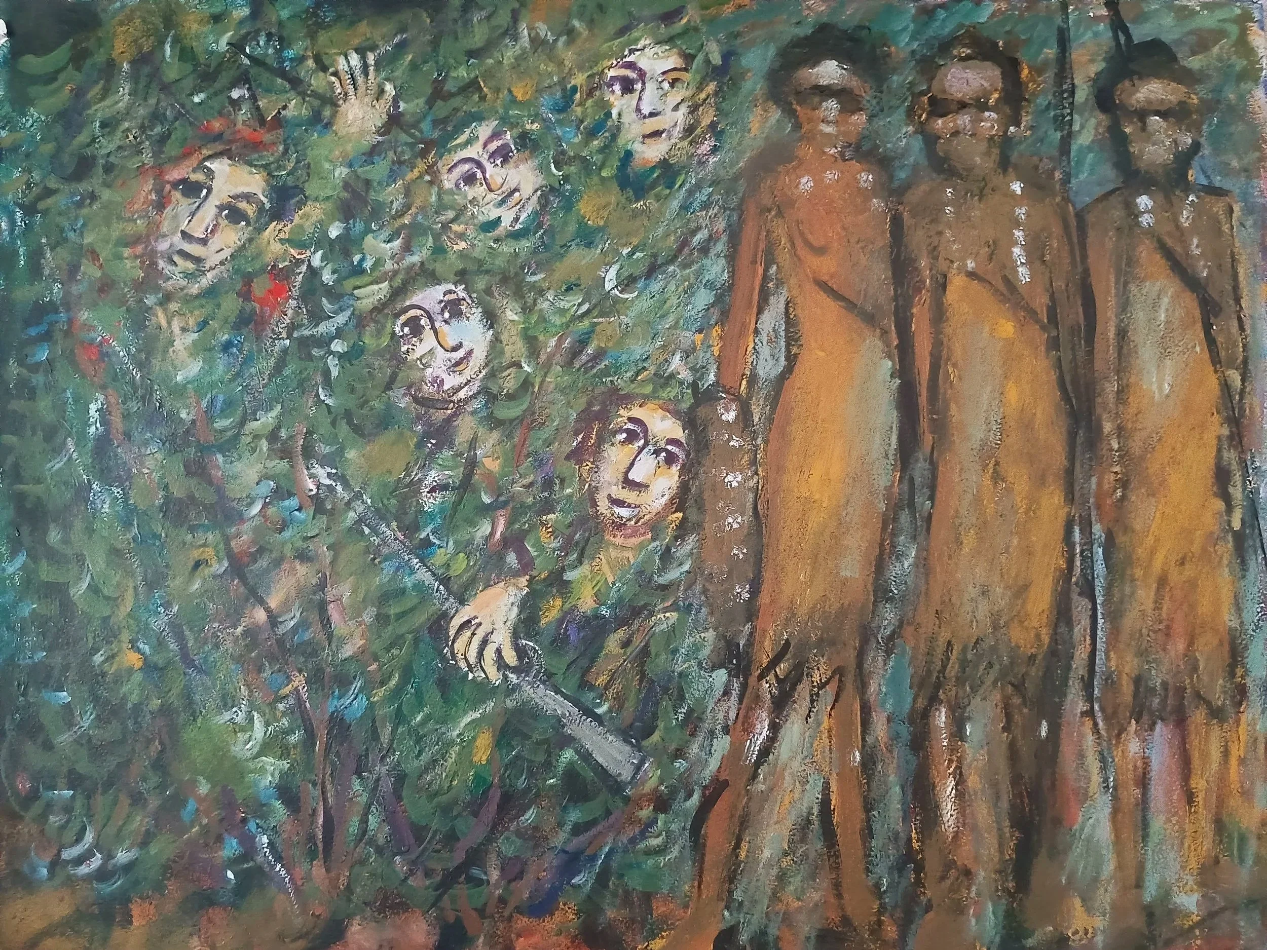 William Buckley Series. Three Wathaurung figures  Gouache 76 x 56 cm Unframed.