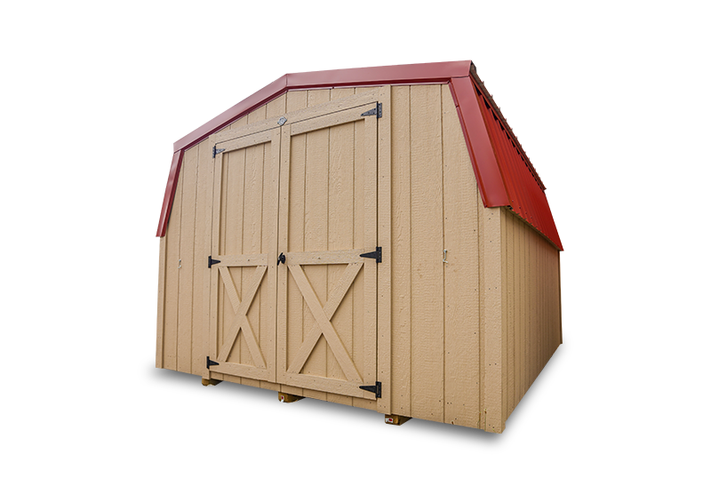 Small tan barn-style shed with red roof and double barn doors