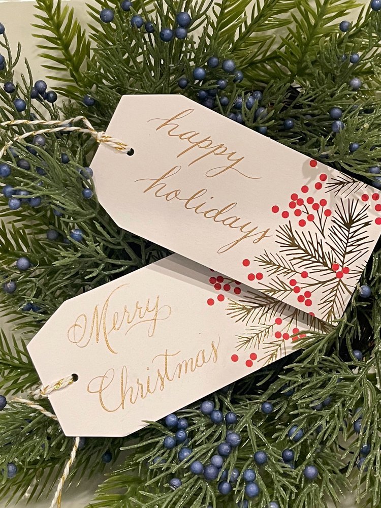 pointed pen hand calligraphy gold ink holiday gift tag Chicago