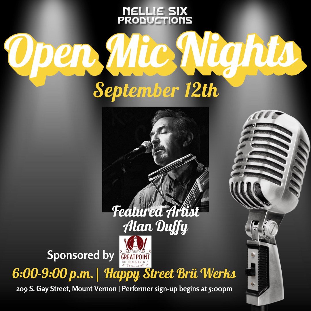 See you tonight at Happy Street Br&uuml; Werks! Performer sign-ups start at 5:00 p.m. and performances begin at 6:00 p.m.