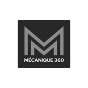 Logo avec la lettre "M" stylisée et le texte "Mécanique 360" en dessous sur fond noir.