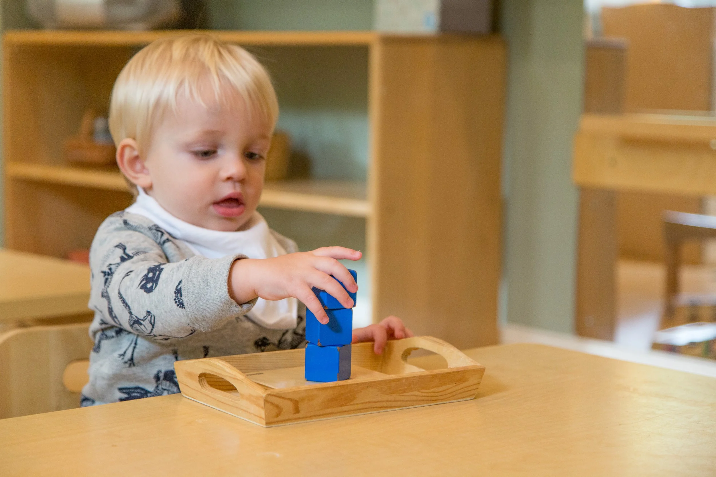 A young blond-haired boy playing with blue wooden blocks on a wooden tray in a classroom setting.