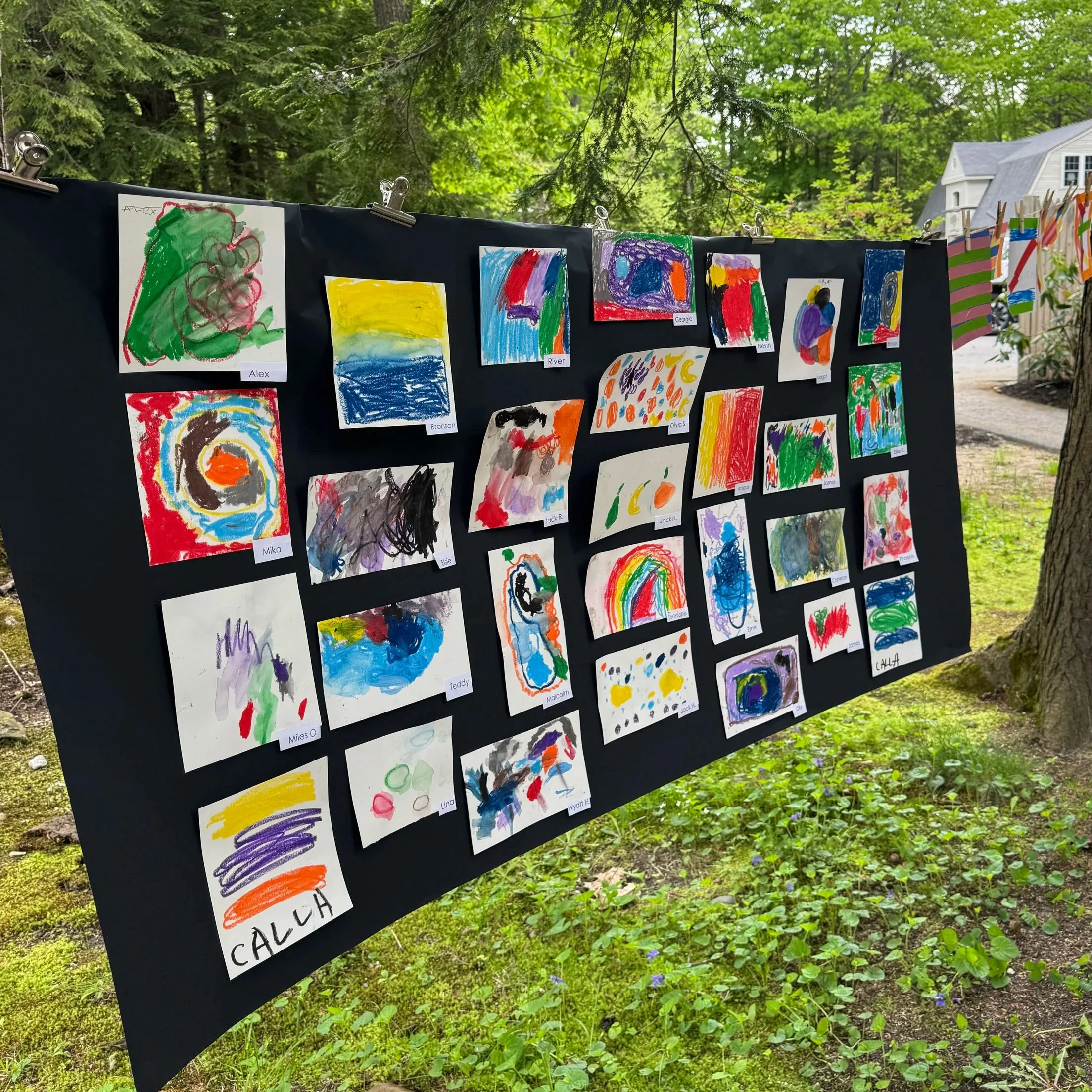 Outdoor art display featuring children's paintings clipped to a black fabric backdrop, set in a lush green park with trees and a house in the background.