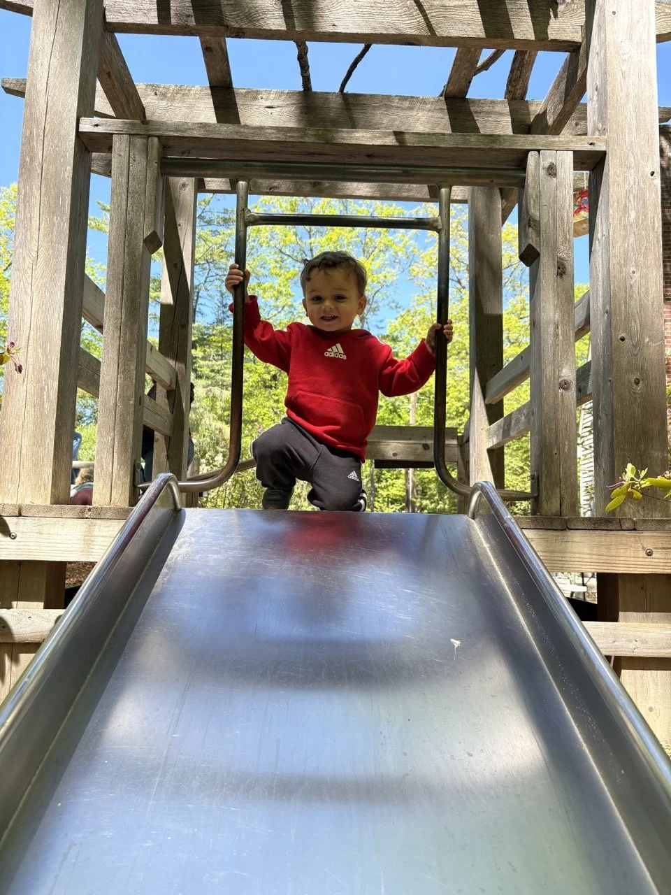 A young child in a red Adidas hoodie and black sweatpants playing on a slide at a wooden playground, surrounded by green trees under a blue sky.