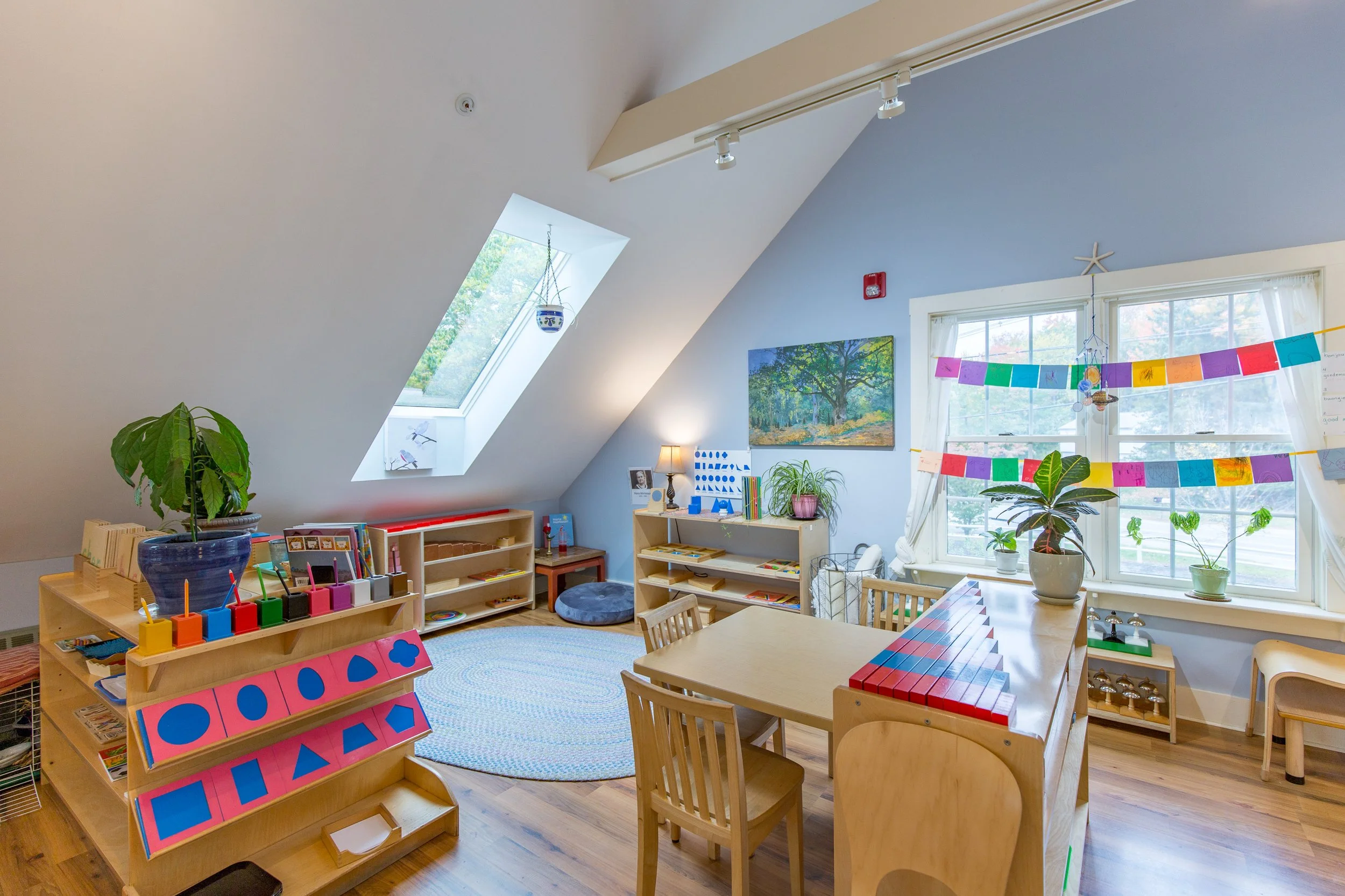 Bright classroom with high sloped ceilings, a window and skylight, plants, colorful decorations, and child-sized furniture, including a table, chairs, bookshelves, and educational materials.