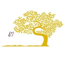 A yellow tree with detailed branches and leaves, a small butterfly flying nearby, on a white background.