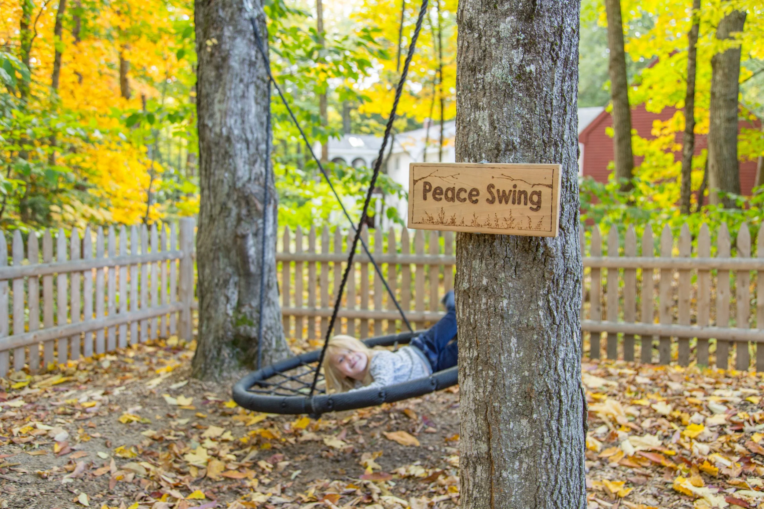 A young girl lying on a round black swing attached to a tree in an autumn forest, with a wooden sign that reads 'Peace Swing' attached to the tree. The scene features yellow and green leaves on trees and fallen leaves on the ground.