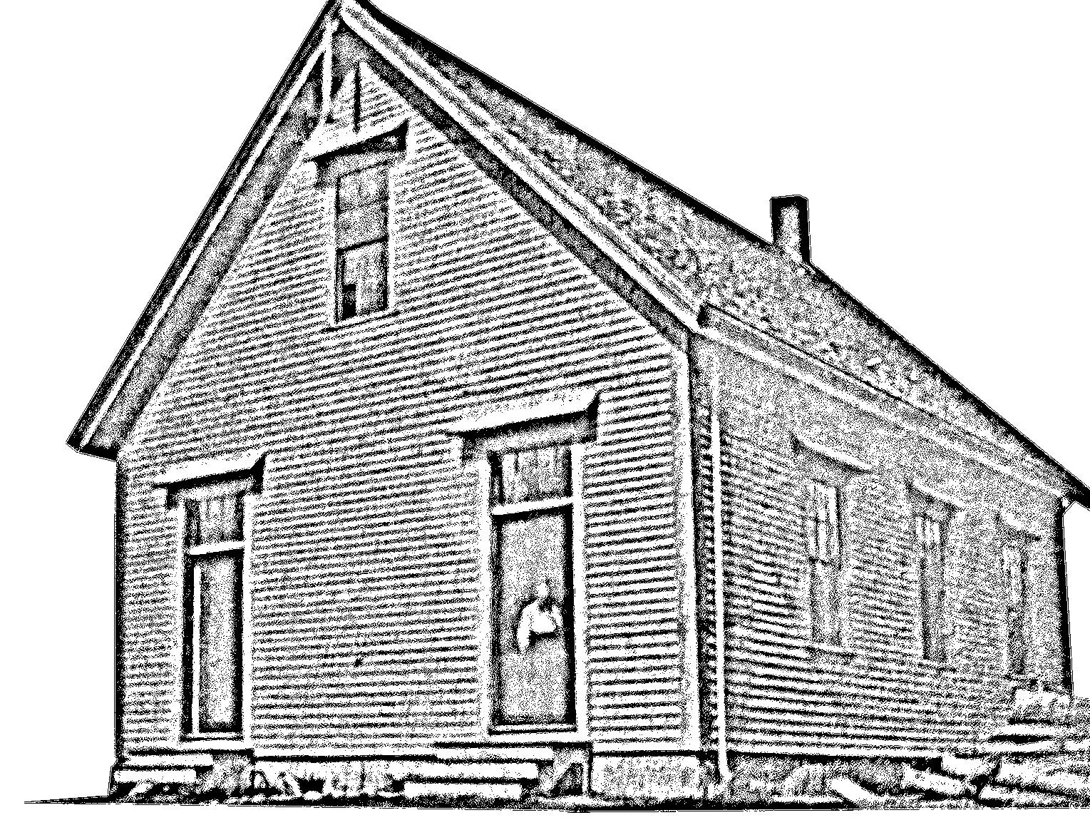 A black and white sketch of an old wooden house with a steep gable roof, multiple windows, and a person standing at the front door.