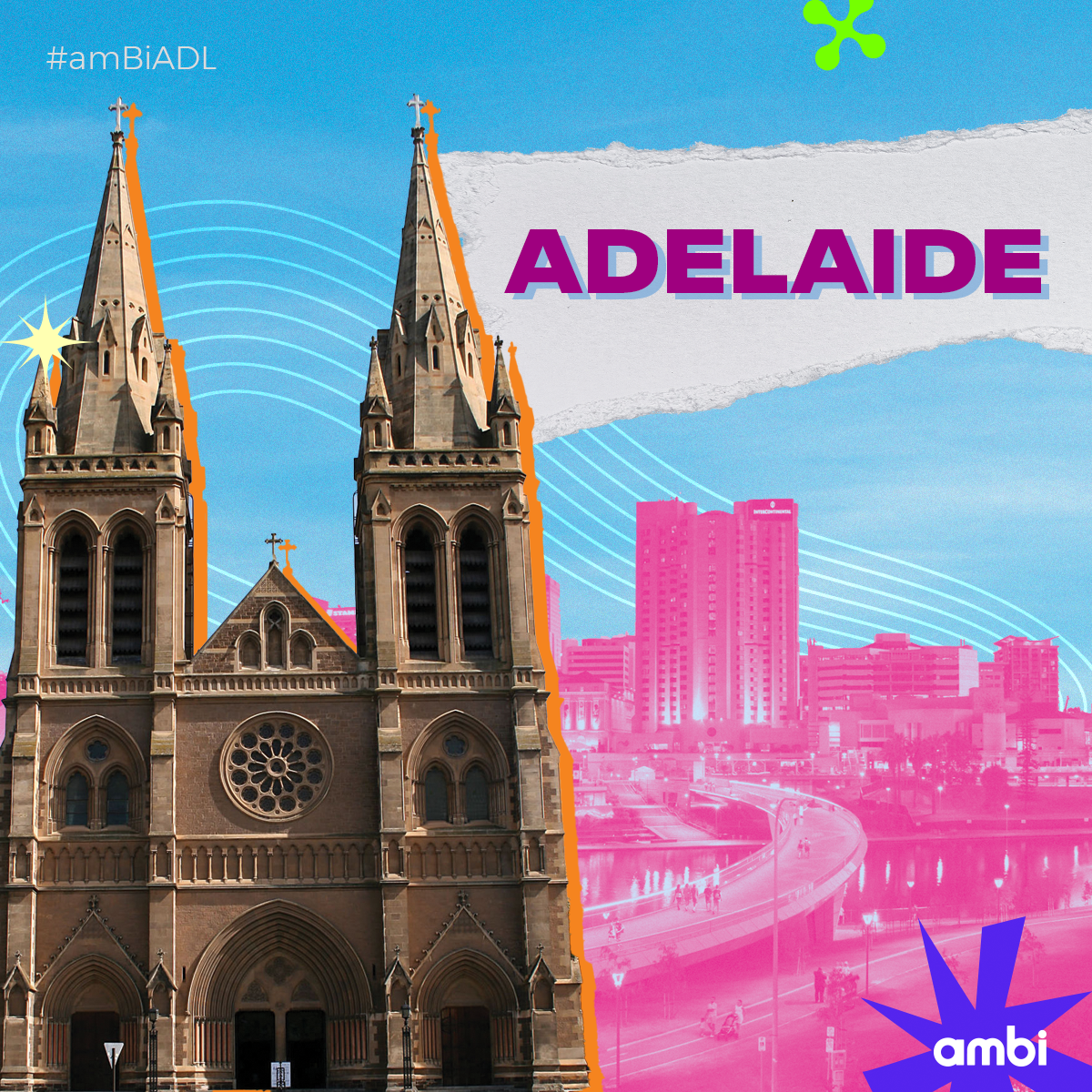 Colorful graphic featuring the Adelaide Cathedral with a background of modern city buildings and a sky with blue and gray sections, blue wave patterns, and the word 'Adelaide' in bold purple letters.