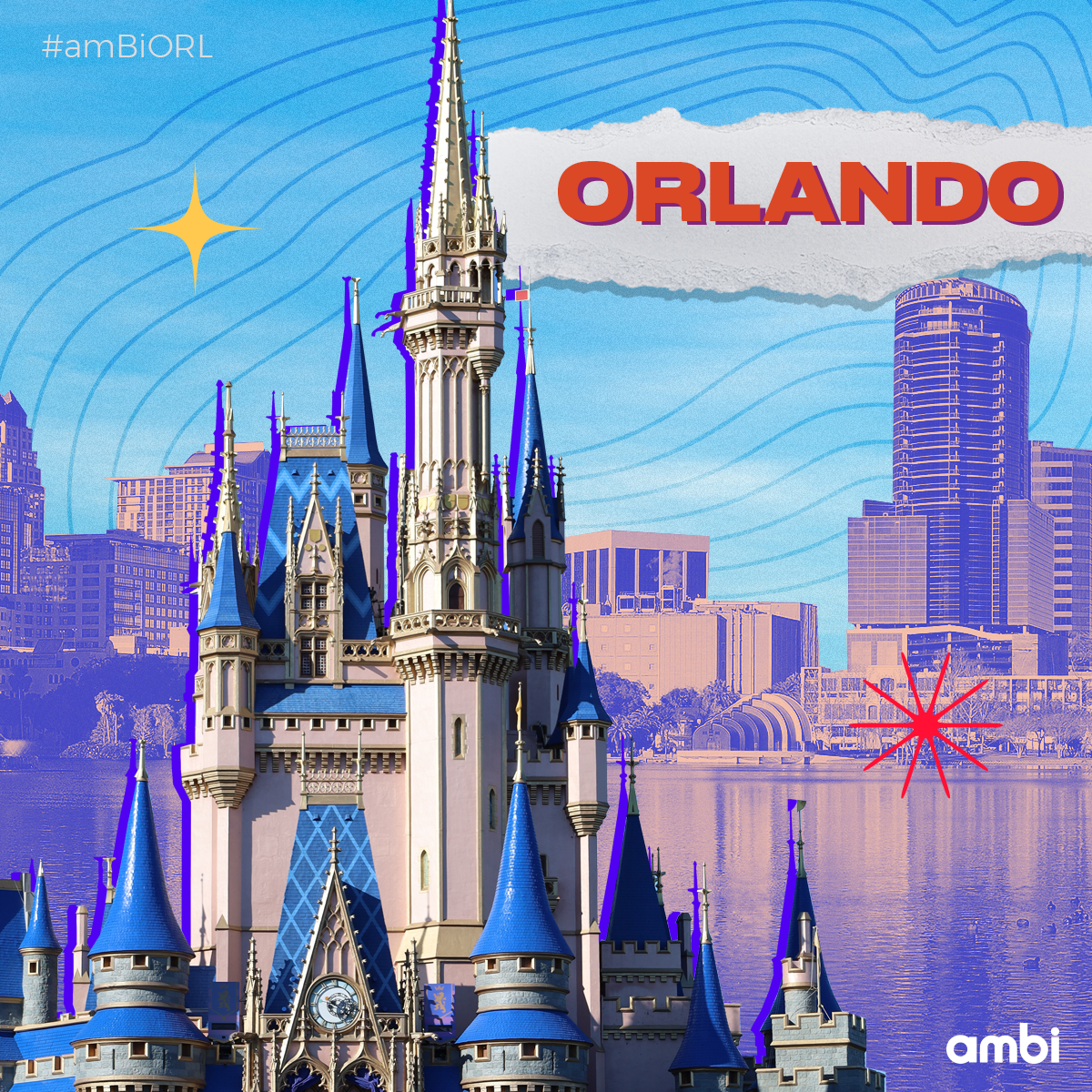 Illustration of Cinderella's castle with a city skyline in the background, the word 'ORLANDO' in bold red and purple letters, and the hashtag '#amBiORL' in the top left corner.