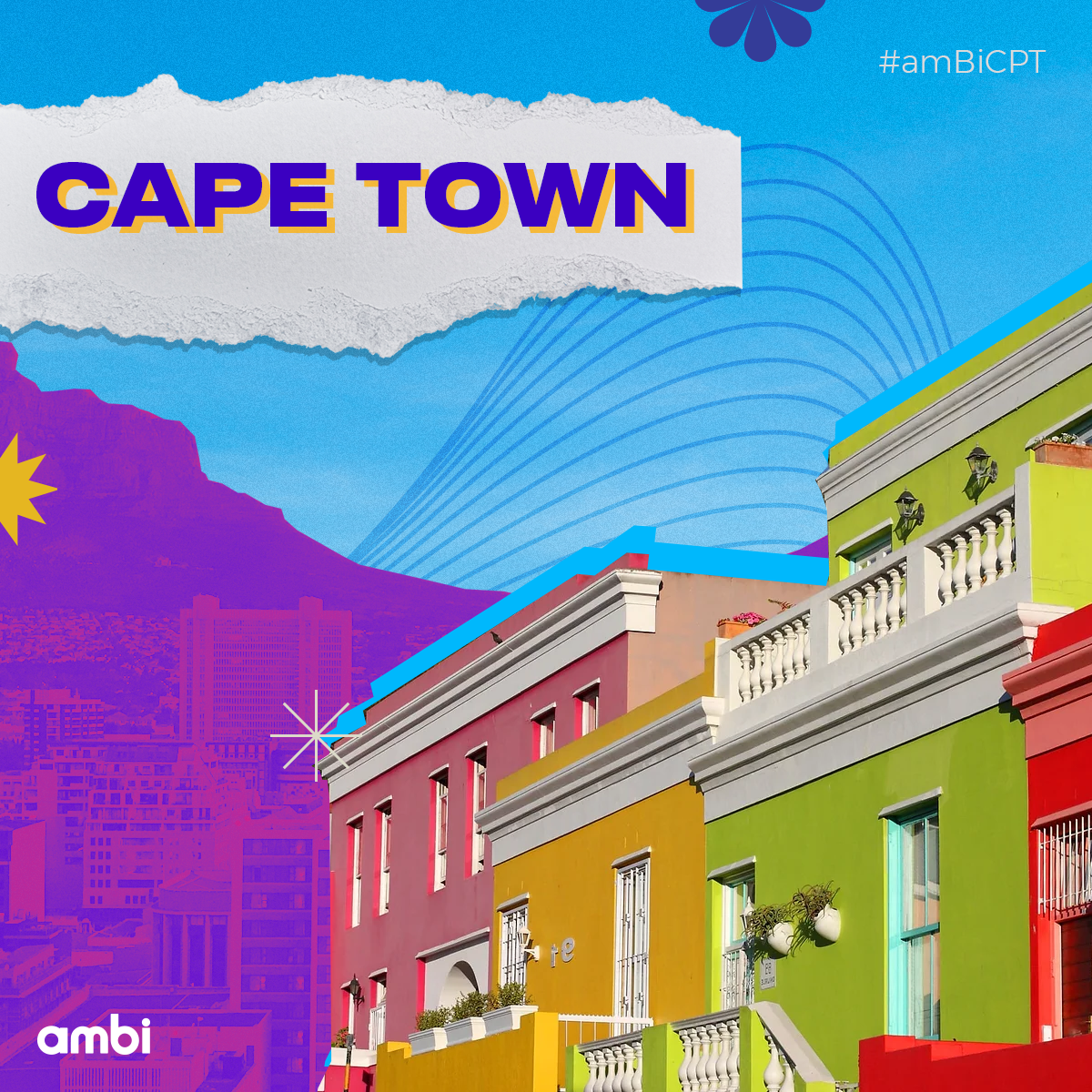 Colorful buildings in Cape Town with a mountain background and graphic design elements.