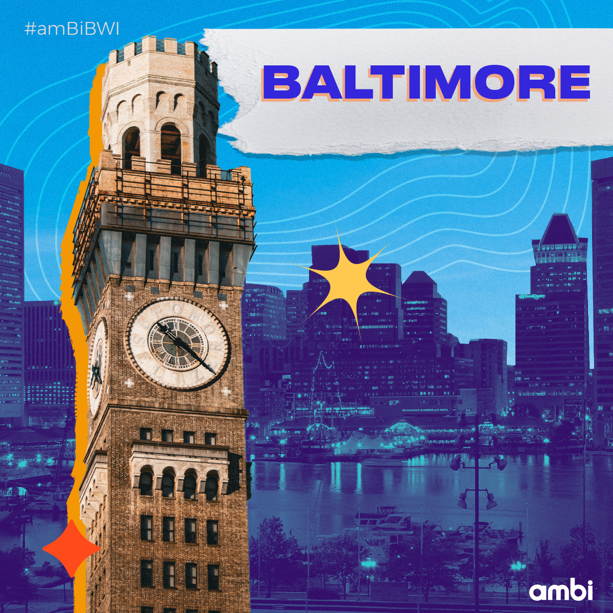 Nighttime view of Baltimore, Maryland skyline with the historic clock tower of the Bromo Seltzer Tower in the foreground, digital graphic overlay with cityscape, blue background, and text reading "Baltimore."