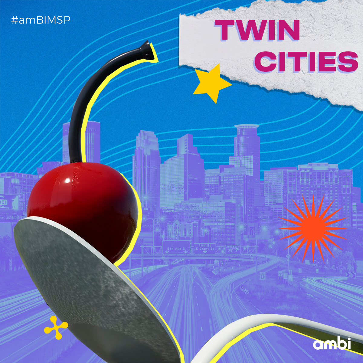 A digitally edited illustration featuring a cherry with a skateboard against a city skyline background. Text reads 'TWIN CITIES' in bold pink letters and '#amBIMSP' in white. Bright star and starburst graphics are also present.