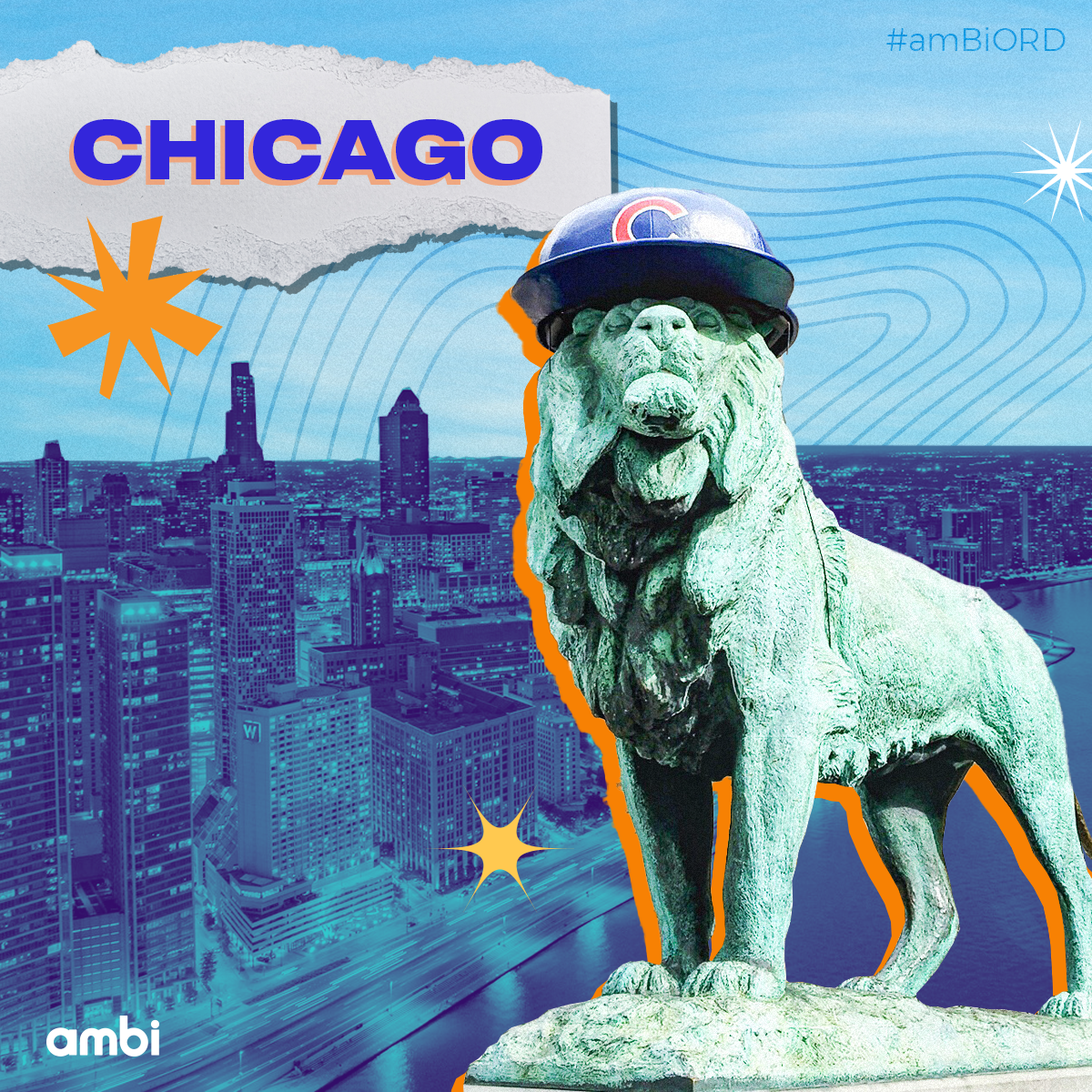 Illustration of the Chicago city skyline with a bronze lion statue wearing a Cubs baseball cap in the foreground, and the word 'Chicago' in bold letters. The background has light blue tones with abstract lines and stars.