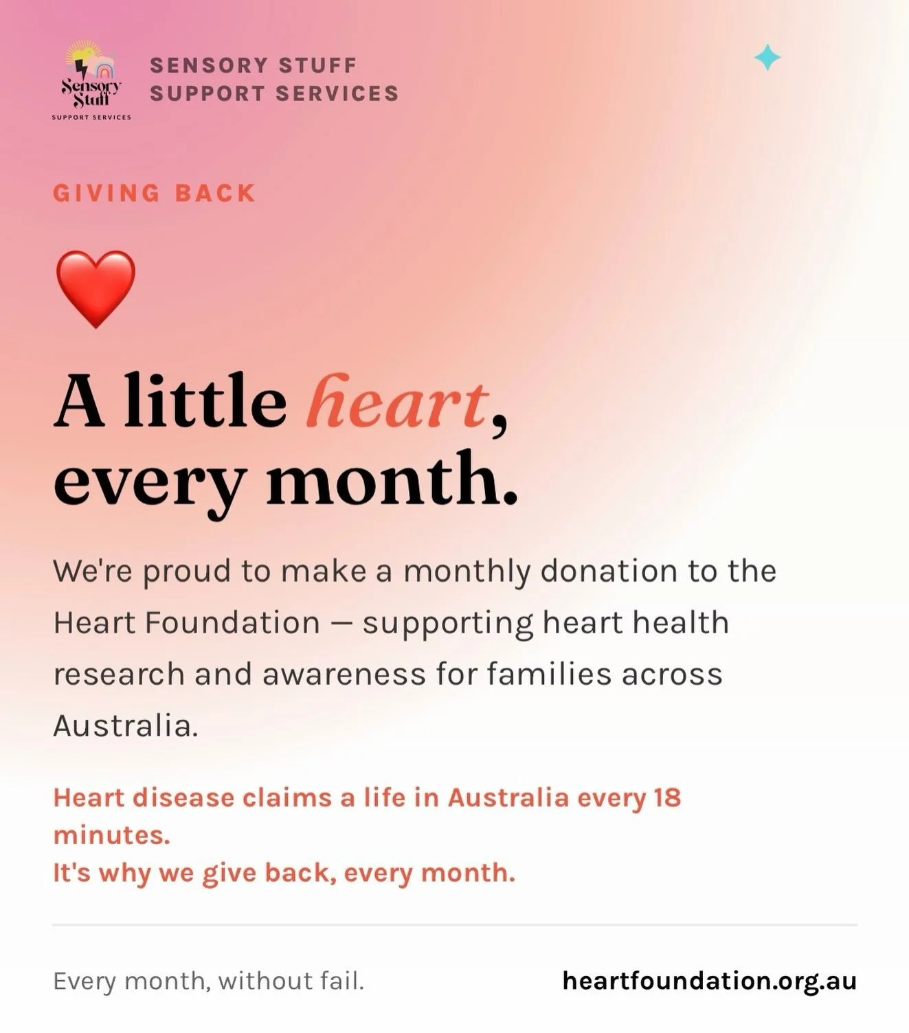 Every month, we make a donation to the Heart Foundation ❤️ @heartfoundationau 

This one&rsquo;s personal. We&rsquo;ve had people close to us affected by heart attacks, and heart disease still claims a life in Australia every 18 minutes. If you&rsquo