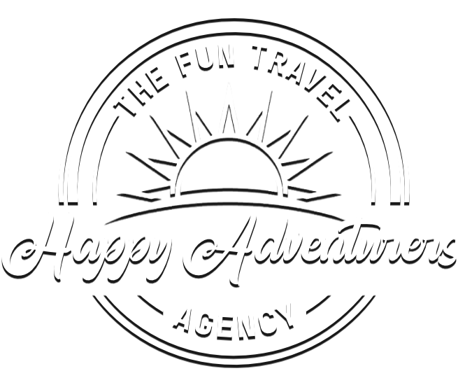 Logo for Happy Adventures travel agency featuring a sun with rays and the text 'The Fun Travel Agency' and 'Happy Adventures' in a circular design.