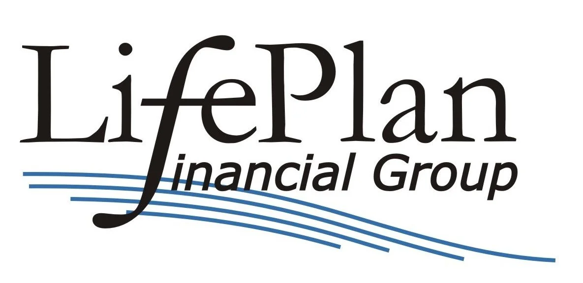 Logo for LifePlan Financial Group with black stylized text and blue wavy lines.