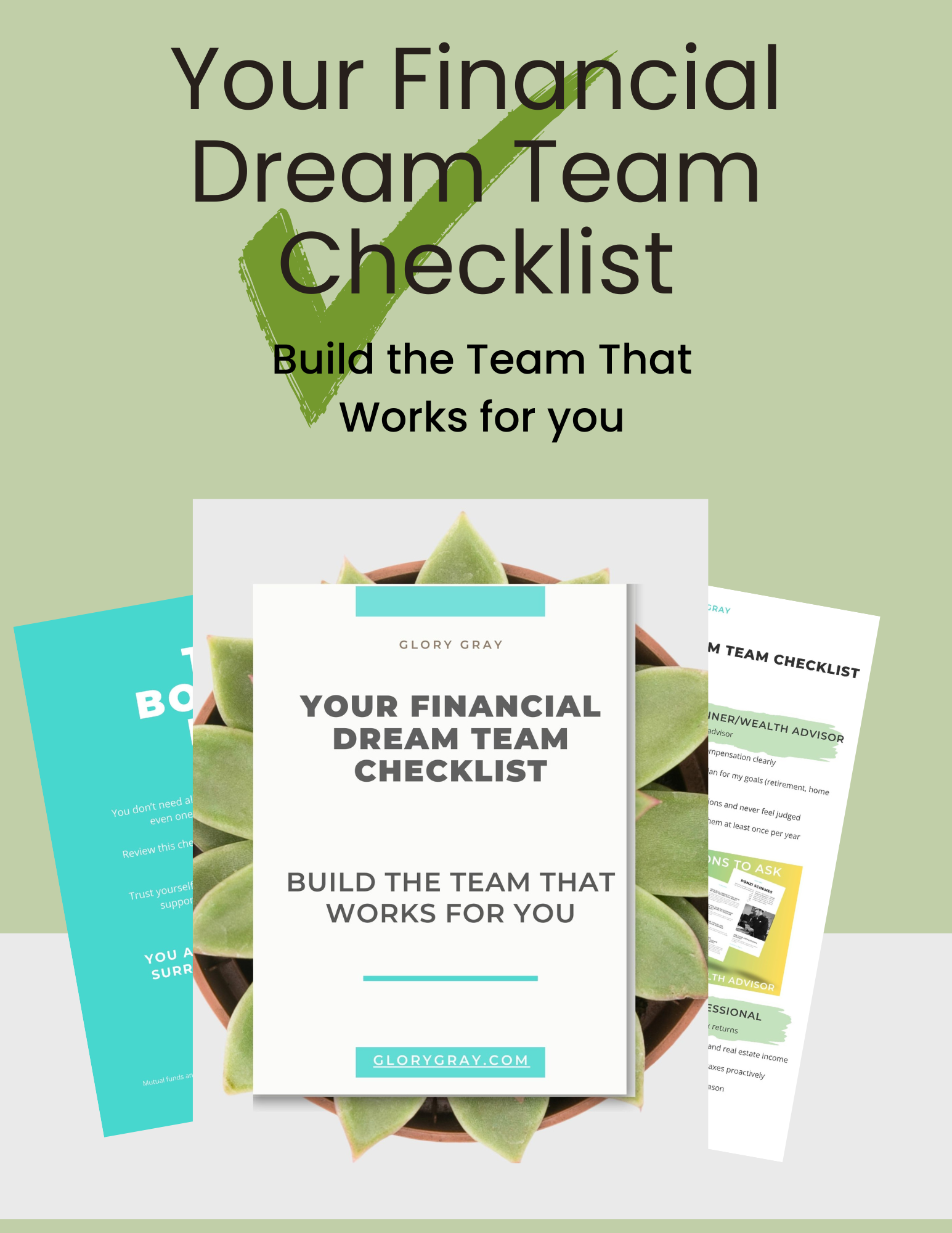 Cover of a financial team checklist with a plant and multiple pages visible, promoting building a team that works for you.