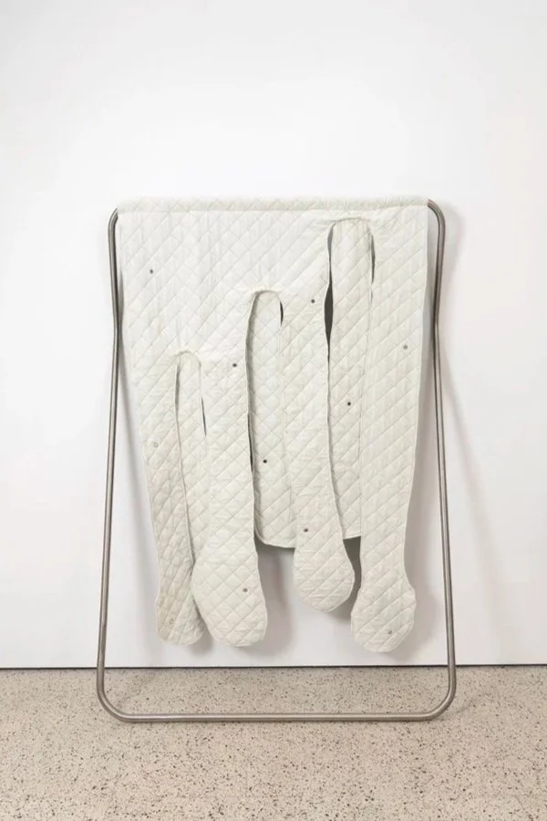 A bed of one’s own, 2025
stainless steel frame, fabric, cotton thread, cotton stuffing, eyelets, 192x129x41 cm