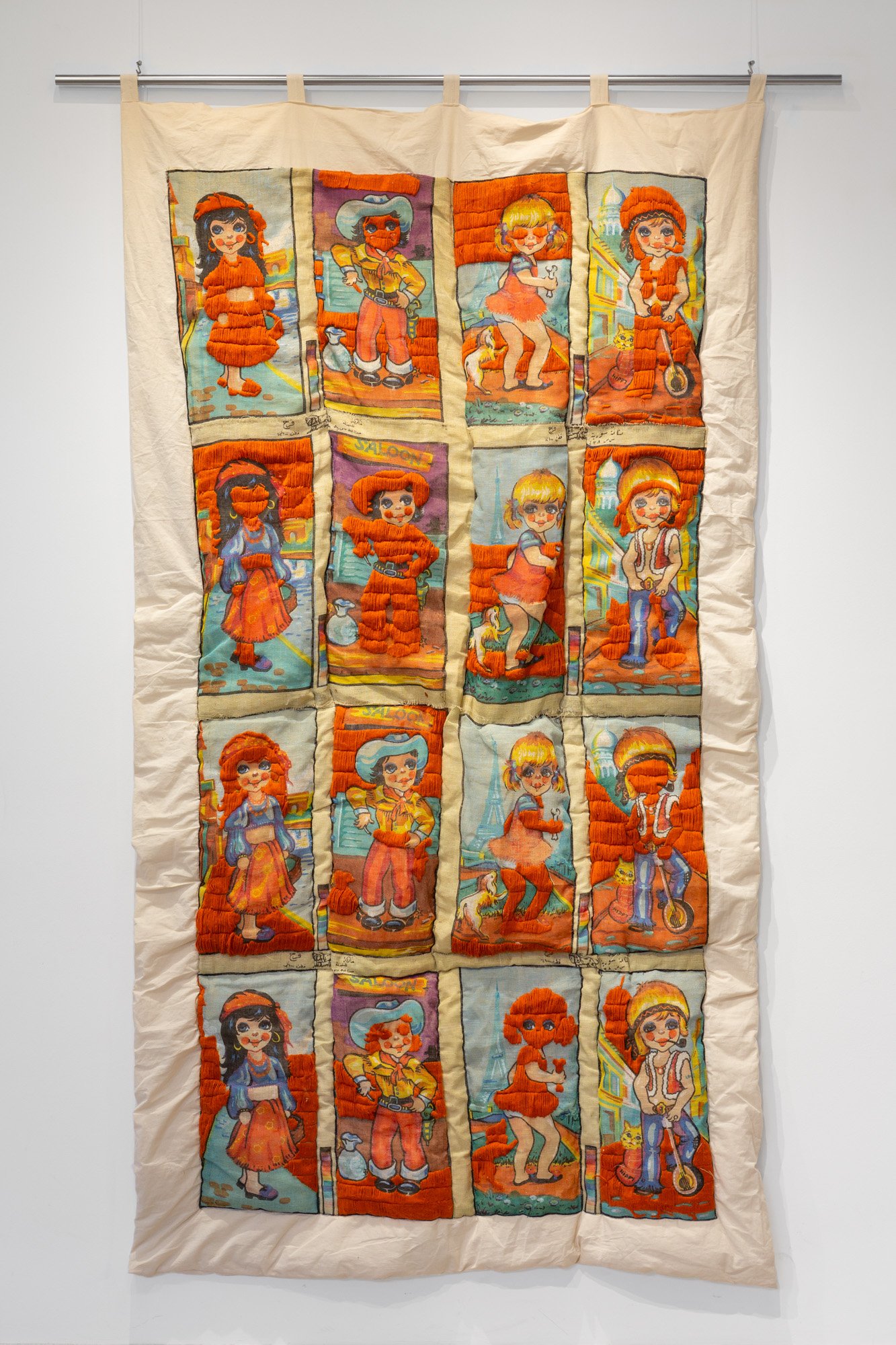 Hide and Seek,2026, found textiles, wool, canvas, thread, 120x228cm