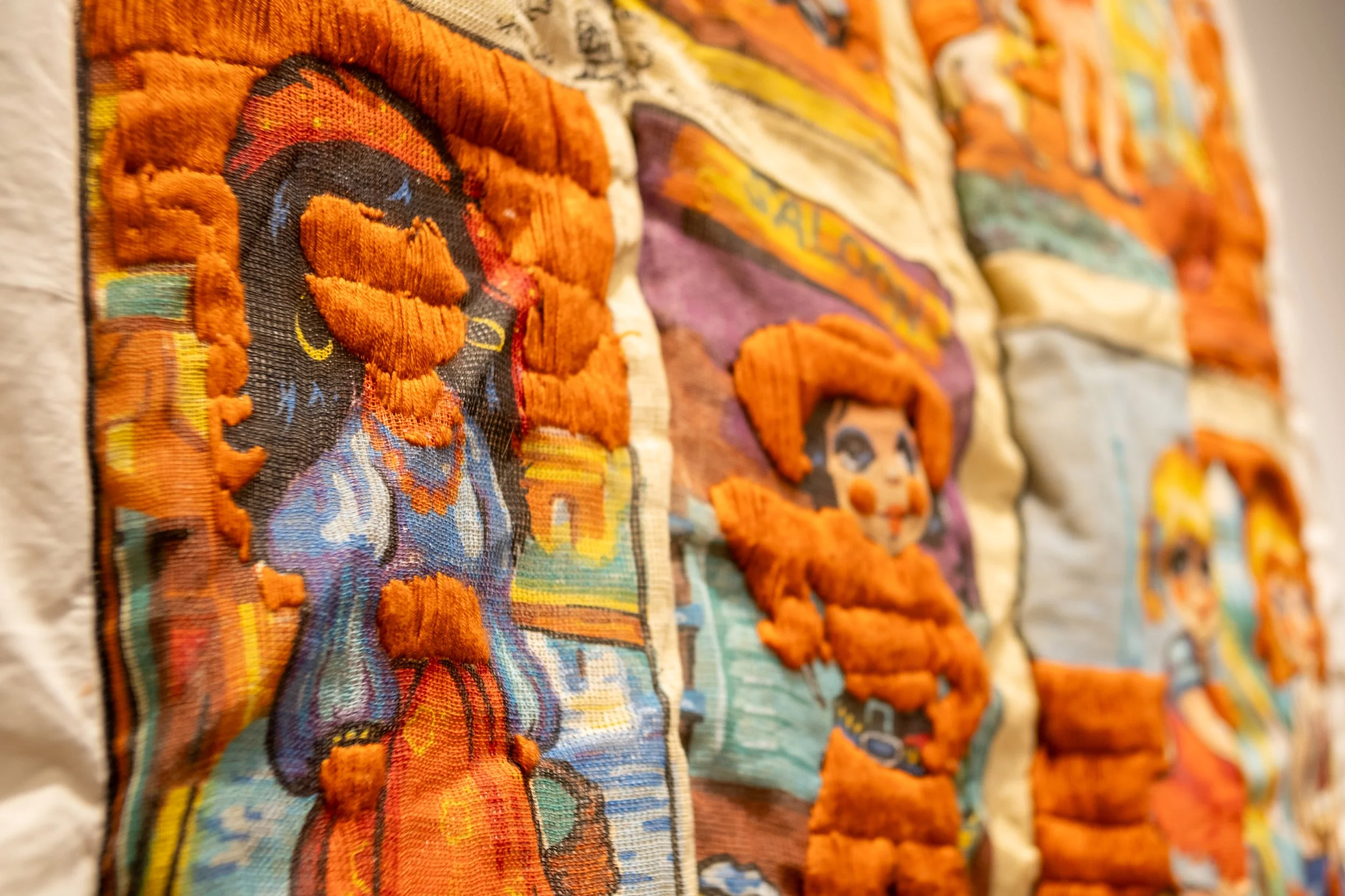 Hide and Seek,2026, found textiles, wool, canvas, thread, 120x228cm