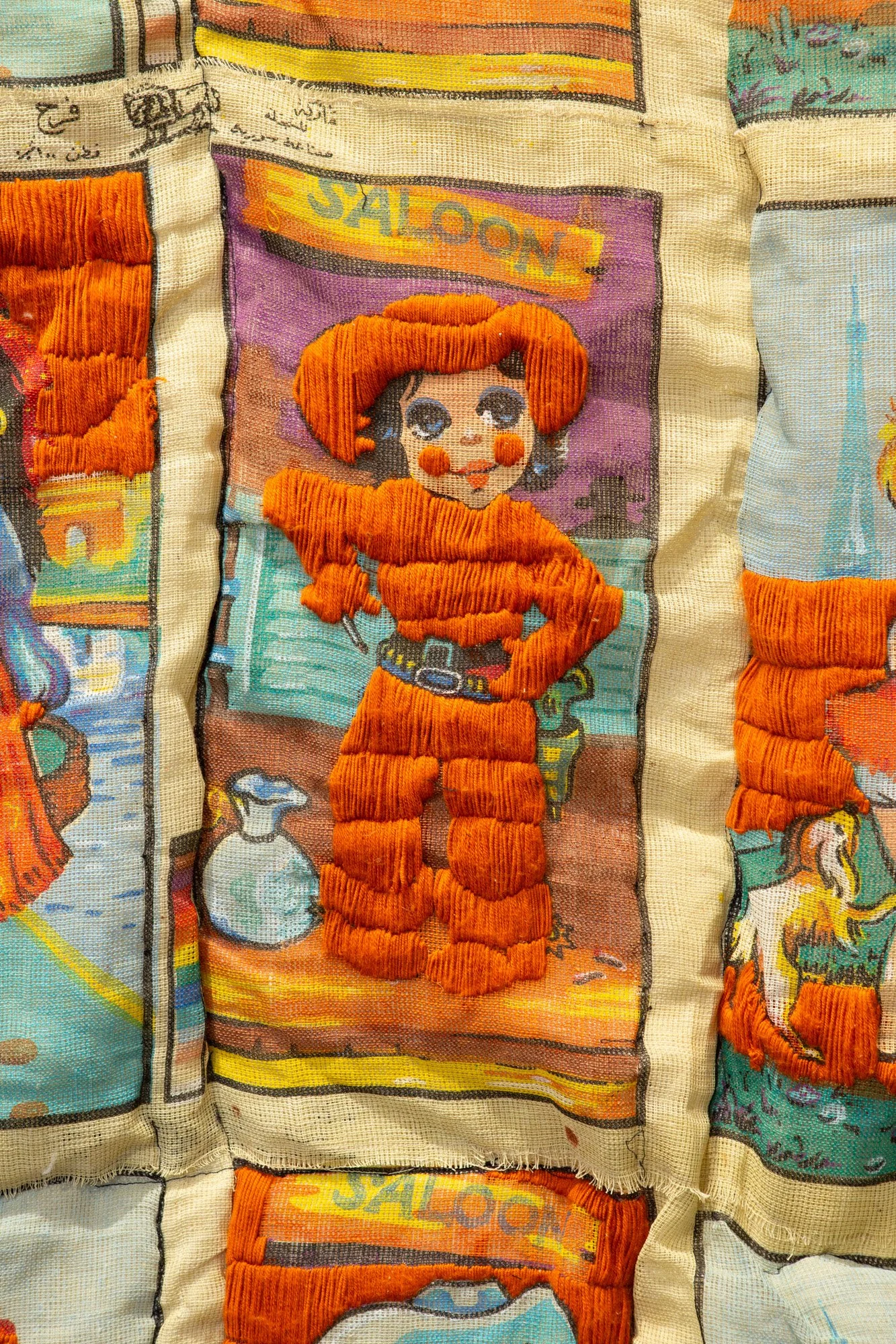 Hide and Seek,2026, found textiles, wool, canvas, thread, 120x228cm