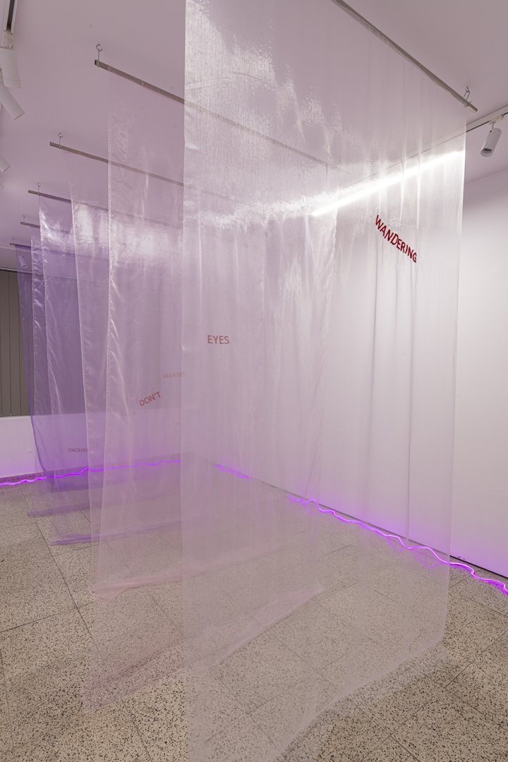 Wandering eyes, 2025
organza, cotton thread, stainless steel, 245x485x150 cm