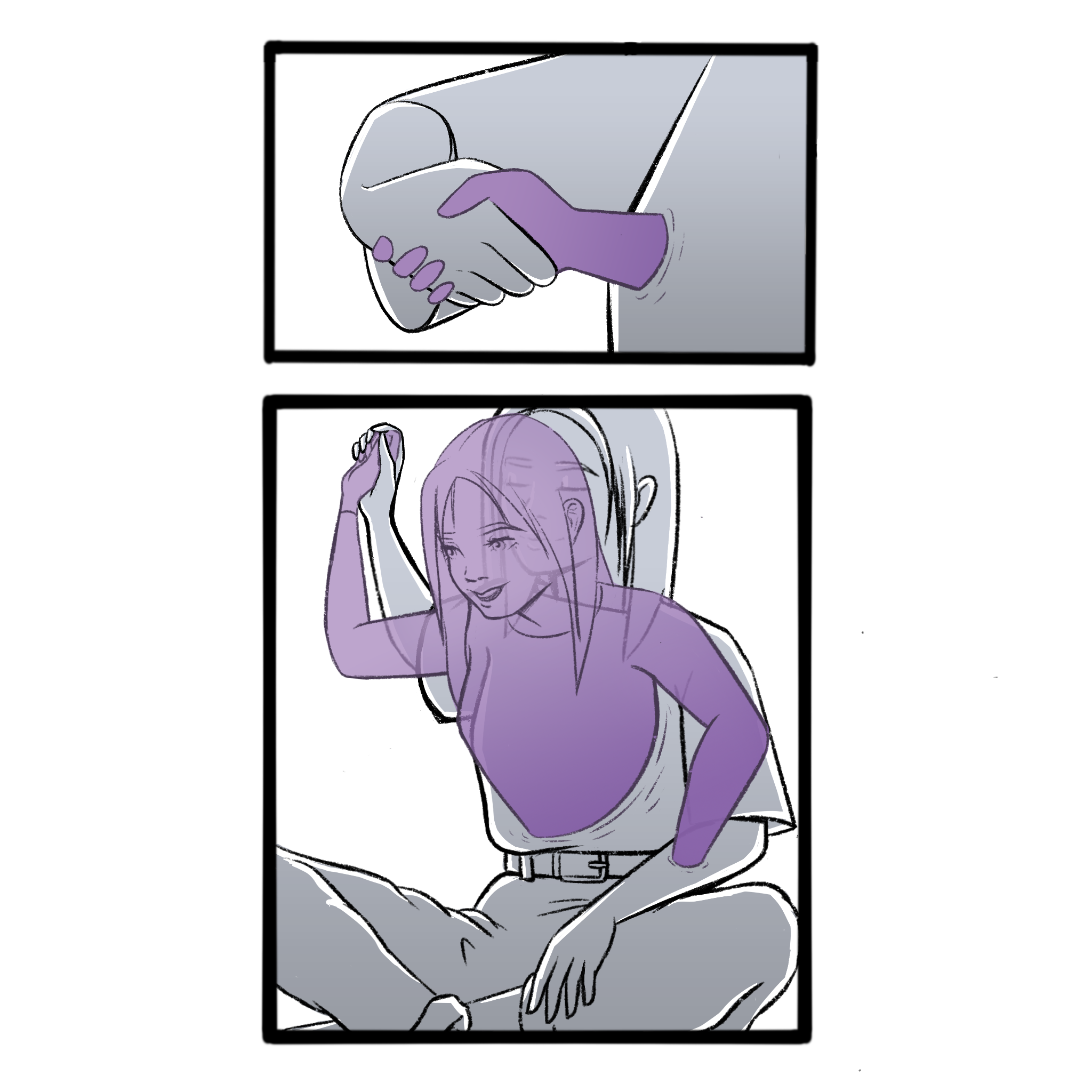 A comic style illustration of two panels. The top panel shows two hands shaking, one wearing purple gloves. The bottom panel depicts a woman with long hair smiling and sitting casually, wearing a purple shirt and khakis, with her hand resting on her